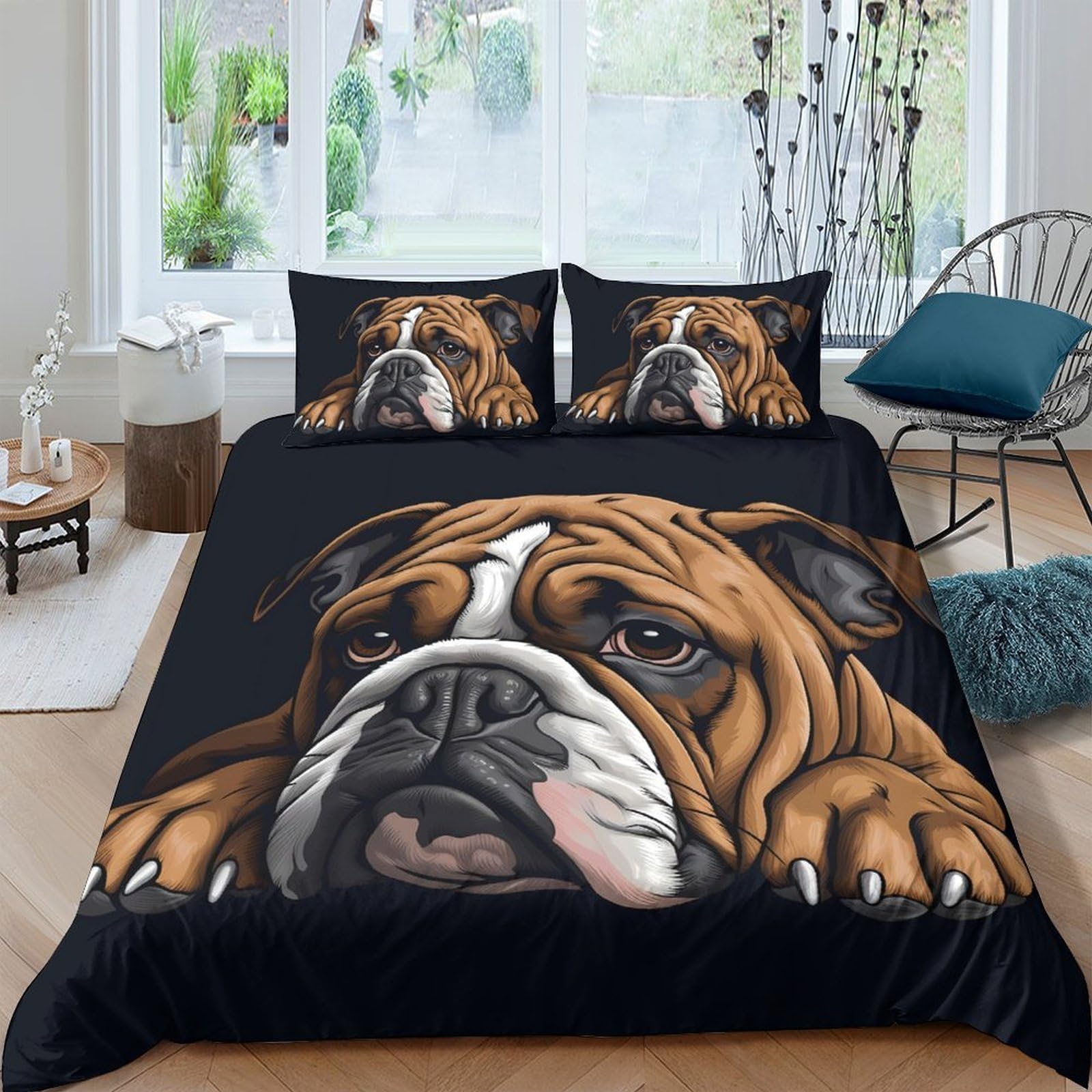 GPLZQXKJNH 3D Printed Bulldog Duvet Cover Microfiber Soft Breathable Dog Face Bedding Set with 2 Pillowcases for Bedroom Decor Single（135x200cm）