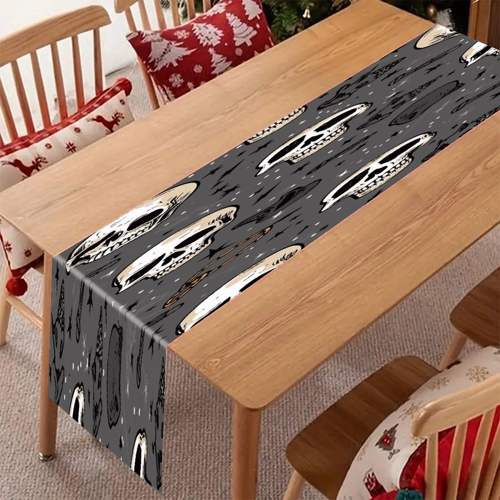 Adfgyerh Style Skull And Lightning Table Runner，Pure Linen Chambray ,Boho Table Runner，Heavy Duty Washable Fabric Decorations ，For Party Kitchen Dining Table Coffee Holiday Party Decor (12X70.87 Inches)