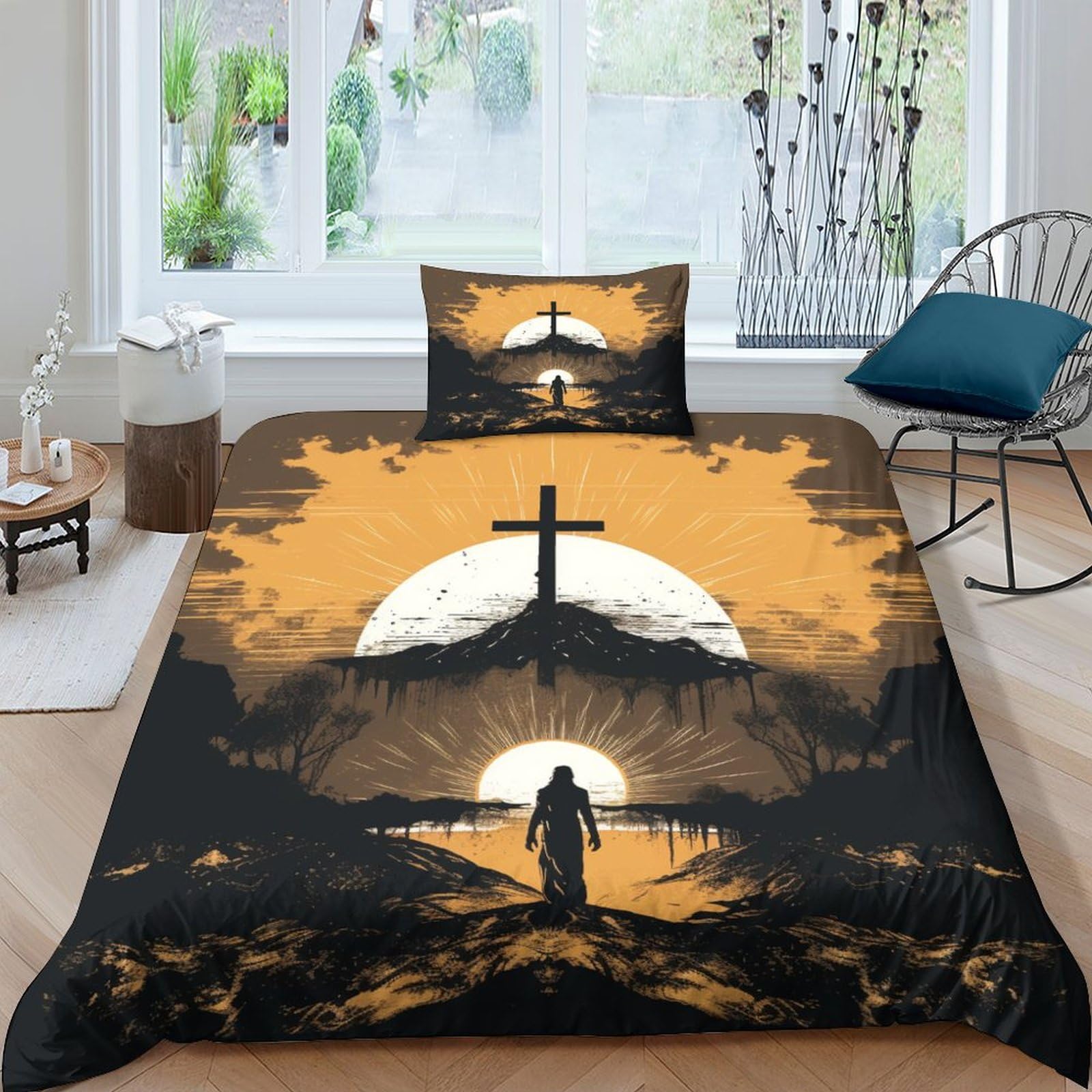 Housse de couette Jésus 3D pour lit single 135x200 parure chrétienne avec taies d'oreiller