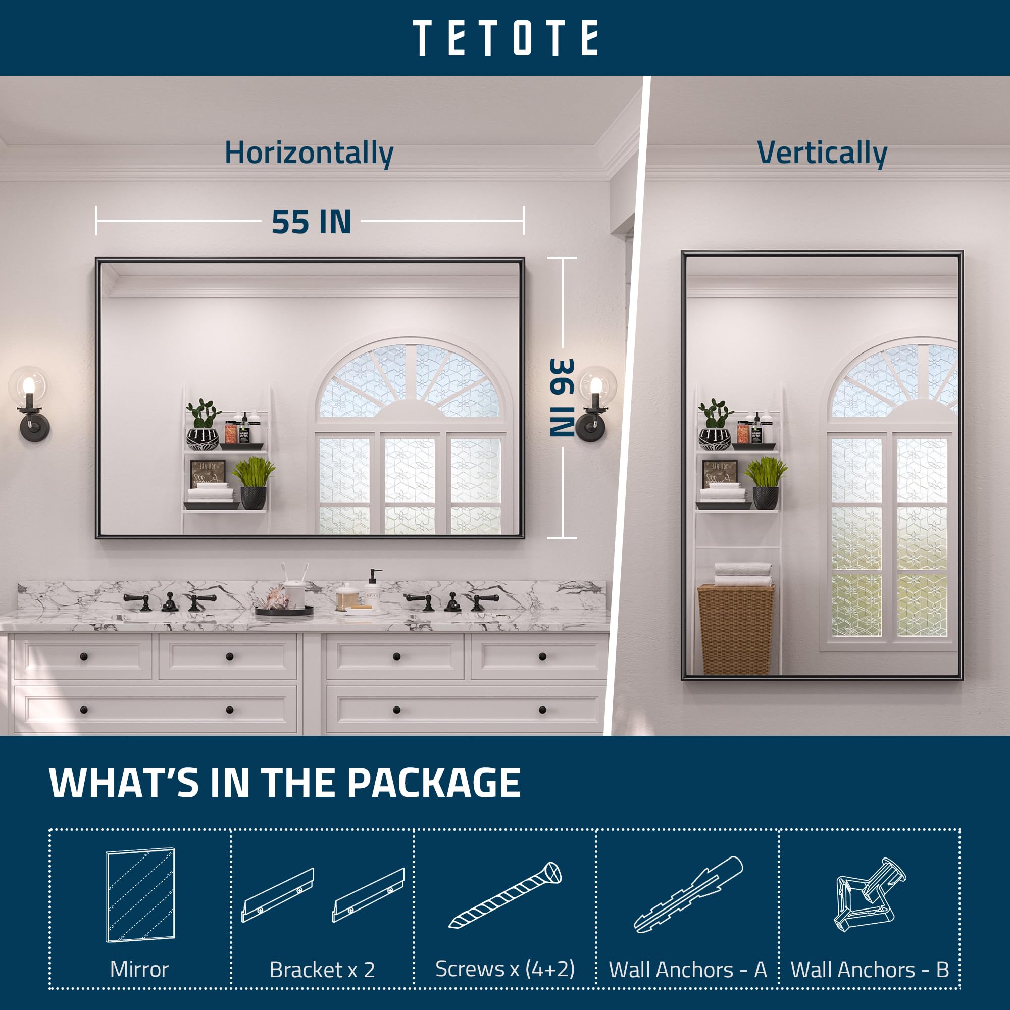 TETOTE Specchi con cornice nera per bagno, 56 x 76 cm, cornice in metallo spazzolato, specchio rettangolare da parete per toeletta (orizzontale/ verticale