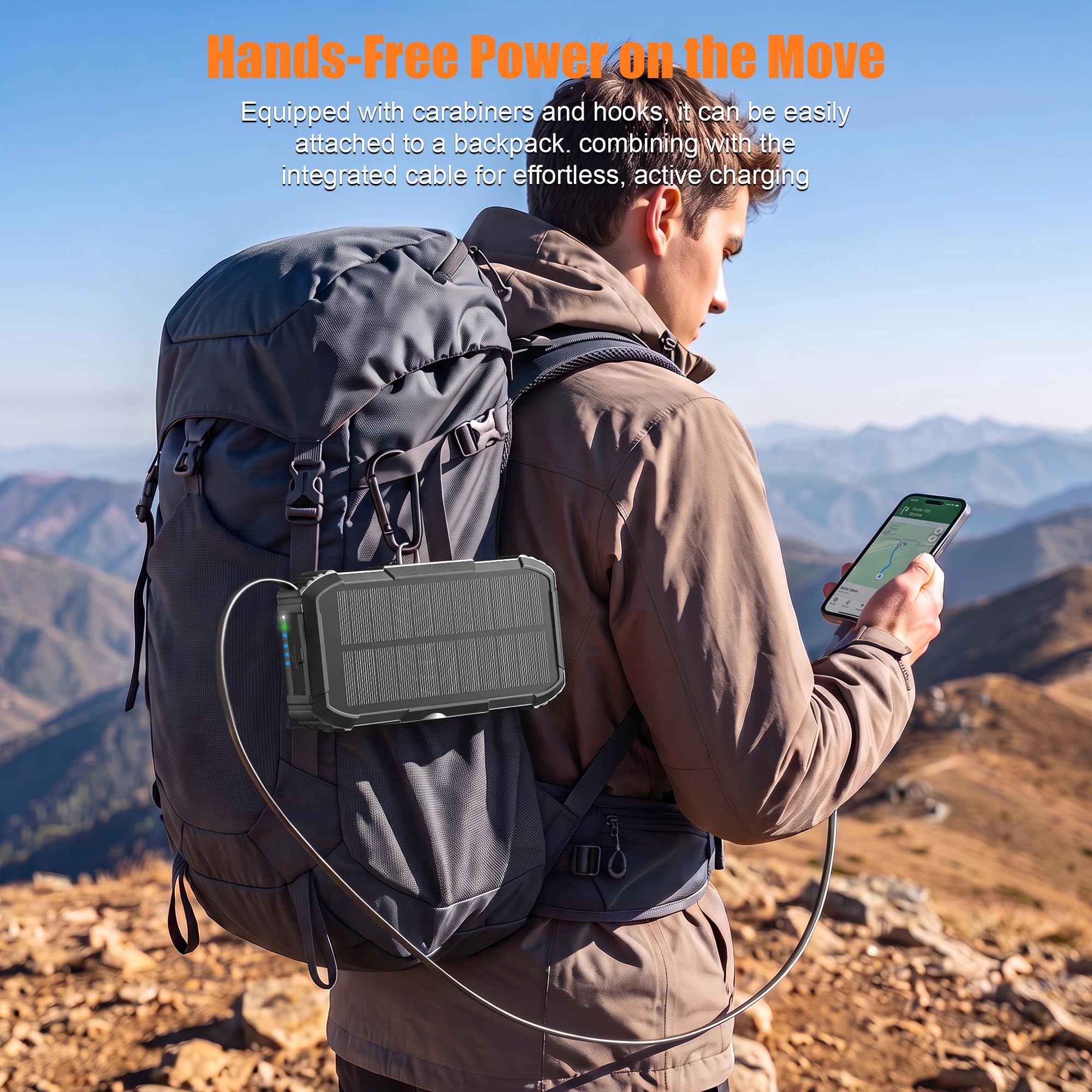 52800mAh Power Bank Solare 30W PD Caricabatterie Portatile a Manovella con Cavo Retrattile e Adattatore Lightning, 4 Uscite, Luce LED, Bussola Batteria Esterna per Campeggio ed Emergenza
