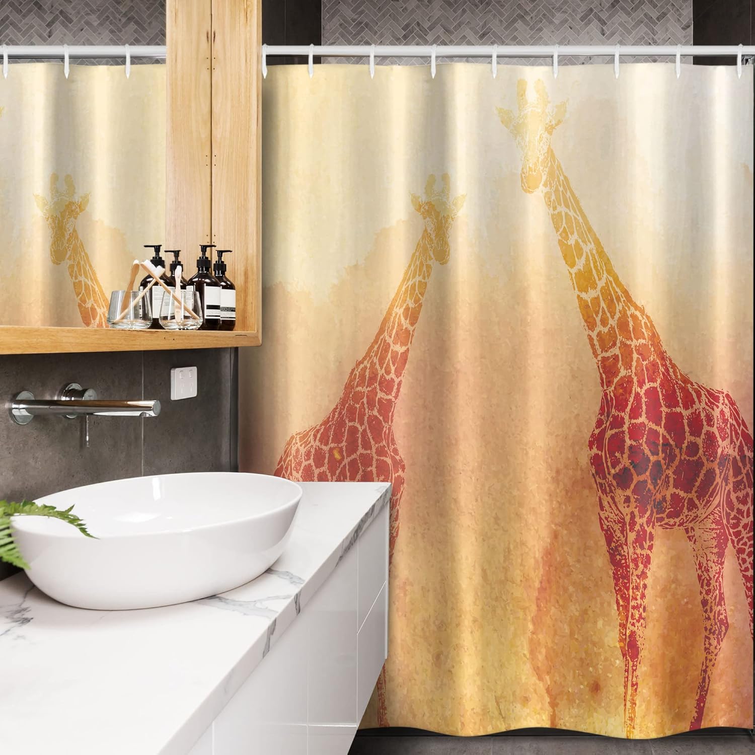 Ambesonne Savannah Stall Shower Curtain, Illustration Tropic Giraffes Tallest Neck Animal Mammal in Retro Vintage Print, Fabric Bathroom Decor Set with Hooks, 54" W x 78" L, Orange