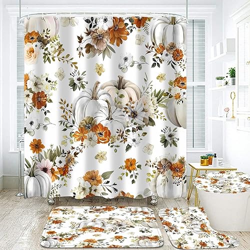 Juego de cortinas de ducha de otoño de Acción de Gracias, juego de baño de calabaza otoñal con alfombras, acuarela, floral, decoración de baño con
