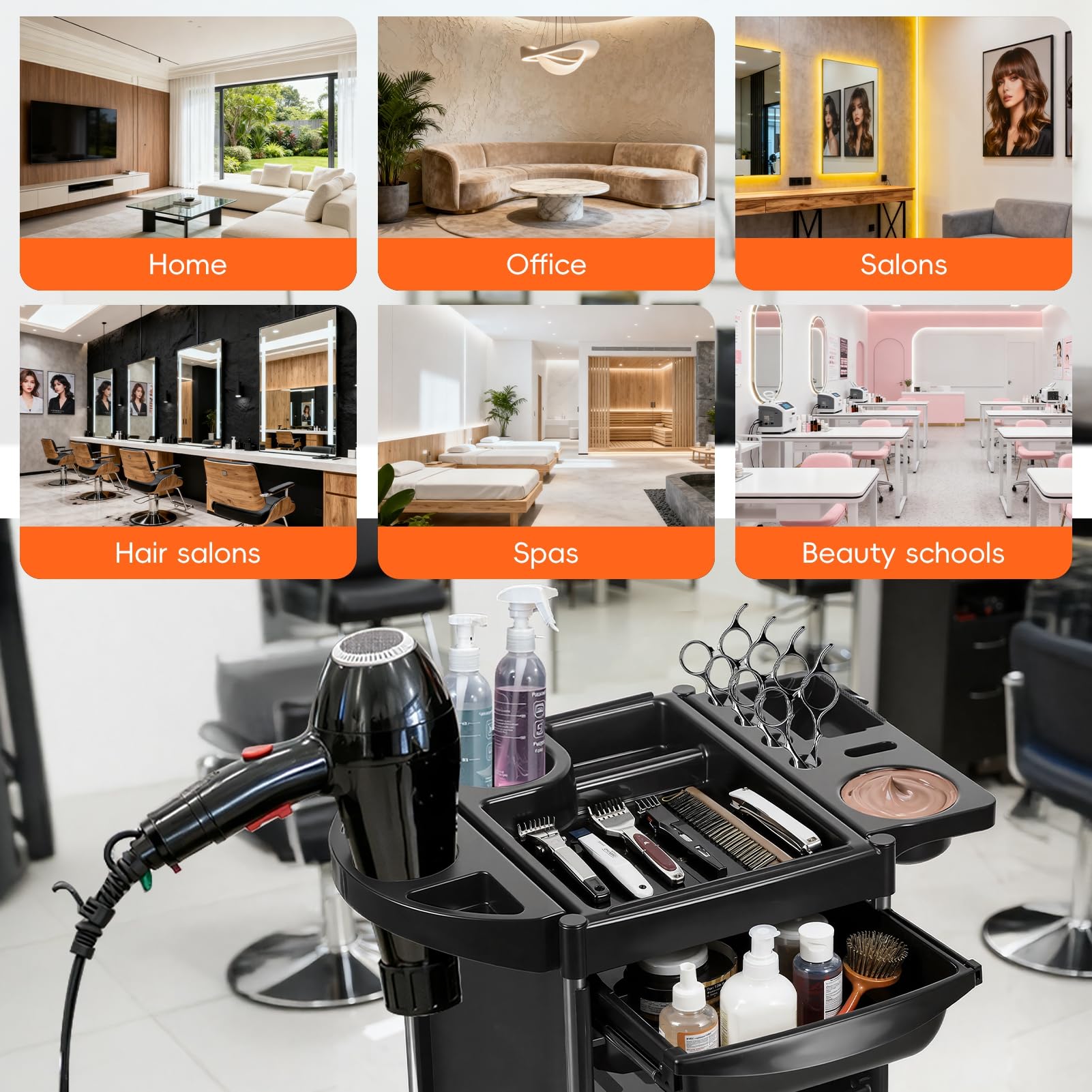 Friseurwagen mit Rollen, 6 Ebenen Salonwagen mit Seitenablagen, mobiler Kosmetikwagen Organizer für Friseursalon, Barber Shop, Kosmetikstudio, Spa und Tattoo Studio, Scheren Kämme Schwarz