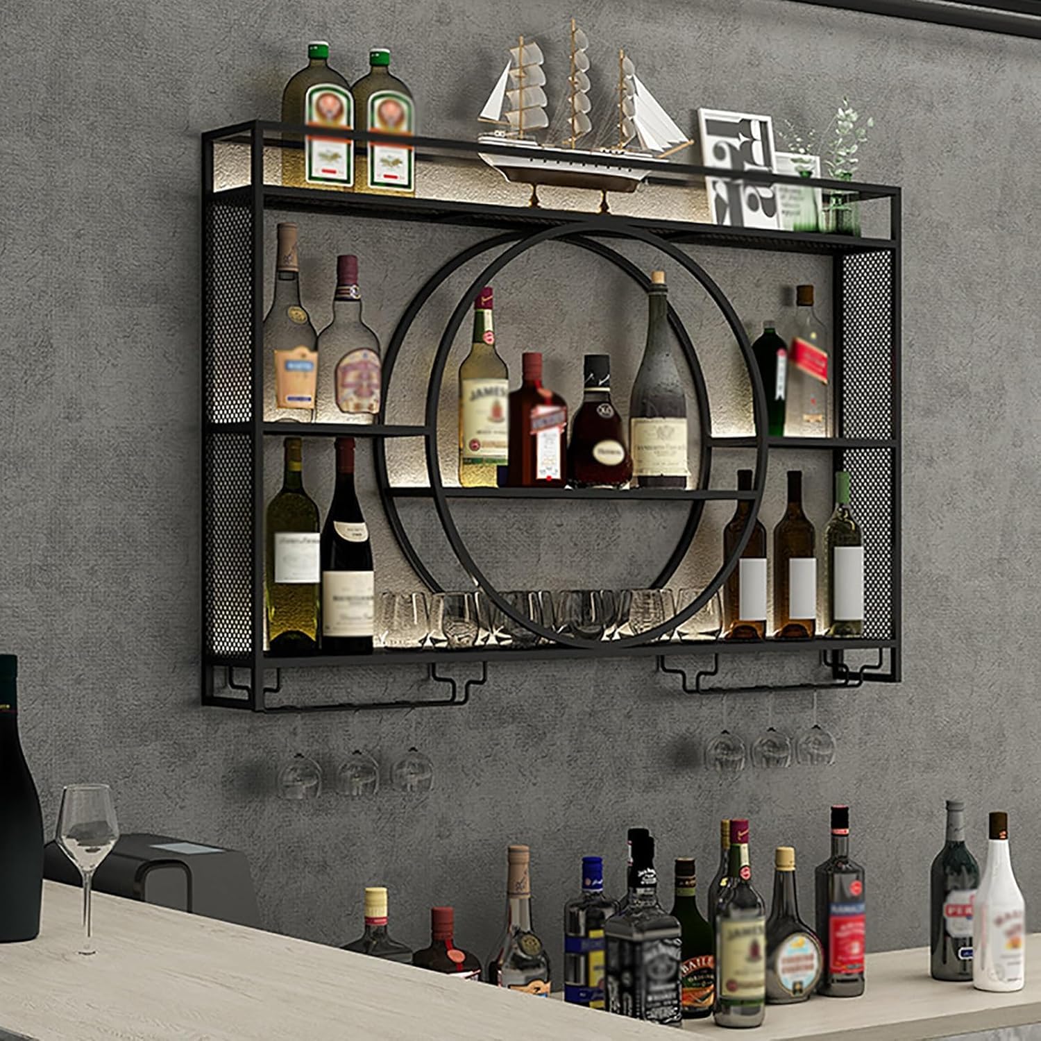 Porte Bouteille Mural, MéTal Etagere Vin avec Porte-Verre, Moderne Flottantes en Casier à Bouteilles, Polyvalentes EtagèRe Murale, Casier à Vin pour Cuisines Salle à Manger Bar (Noir,100x15x80cm)