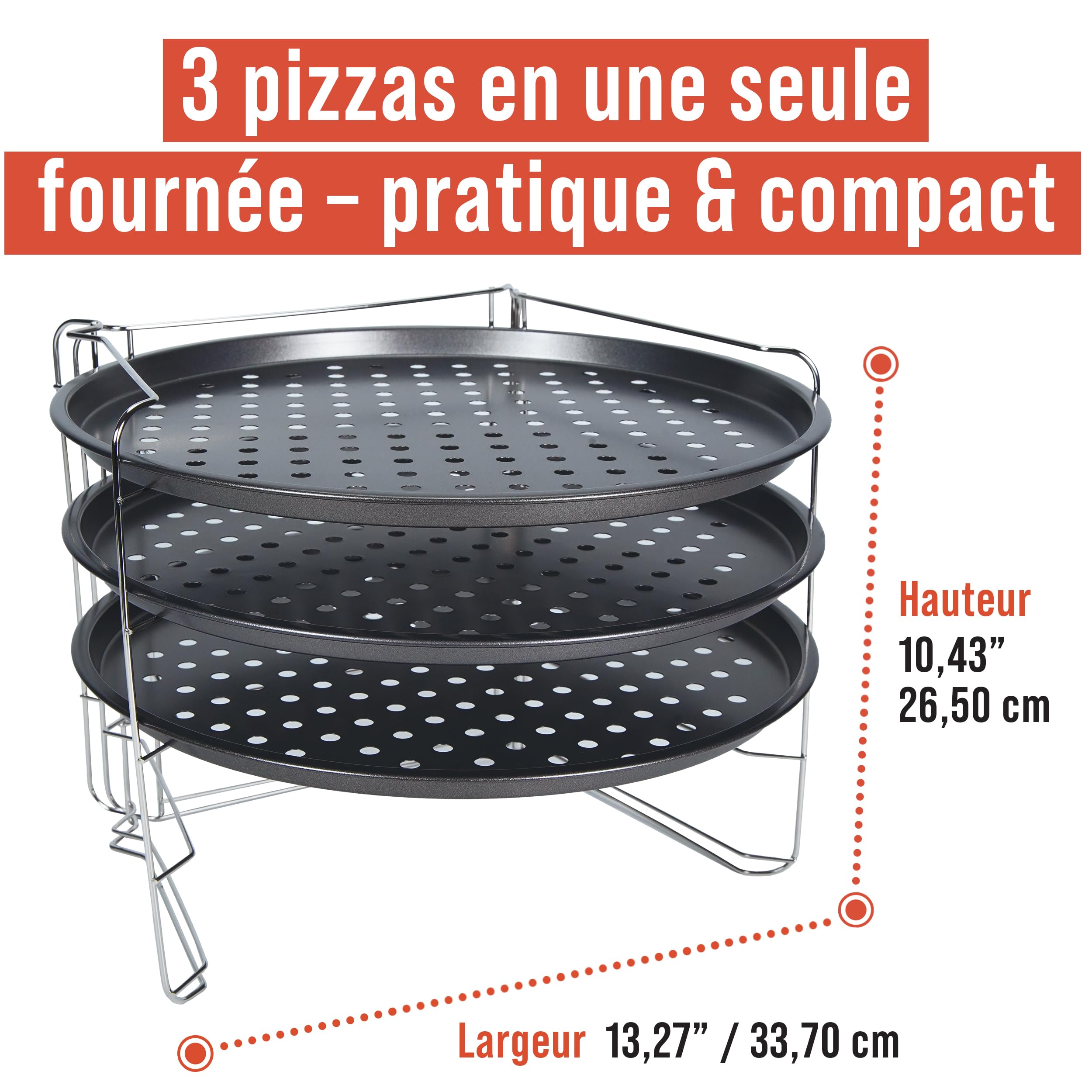 Chef Pomodoro Plaques à Pizza Antiadhésifs - Ensemble De Cuisson à Pizza Avec 3 Poêlles à Pizza Et 1 Grille de Support Pizza Four - Assiette Pizza Inox Pour Four, Grill, Barbecue (33 cm)