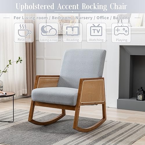 Miniatura 8 de Olela Mecedora para guardería, moderna de mediados de siglo, silla tapizada de ratán de lino, moderna silla de acento individual con reposabrazos de