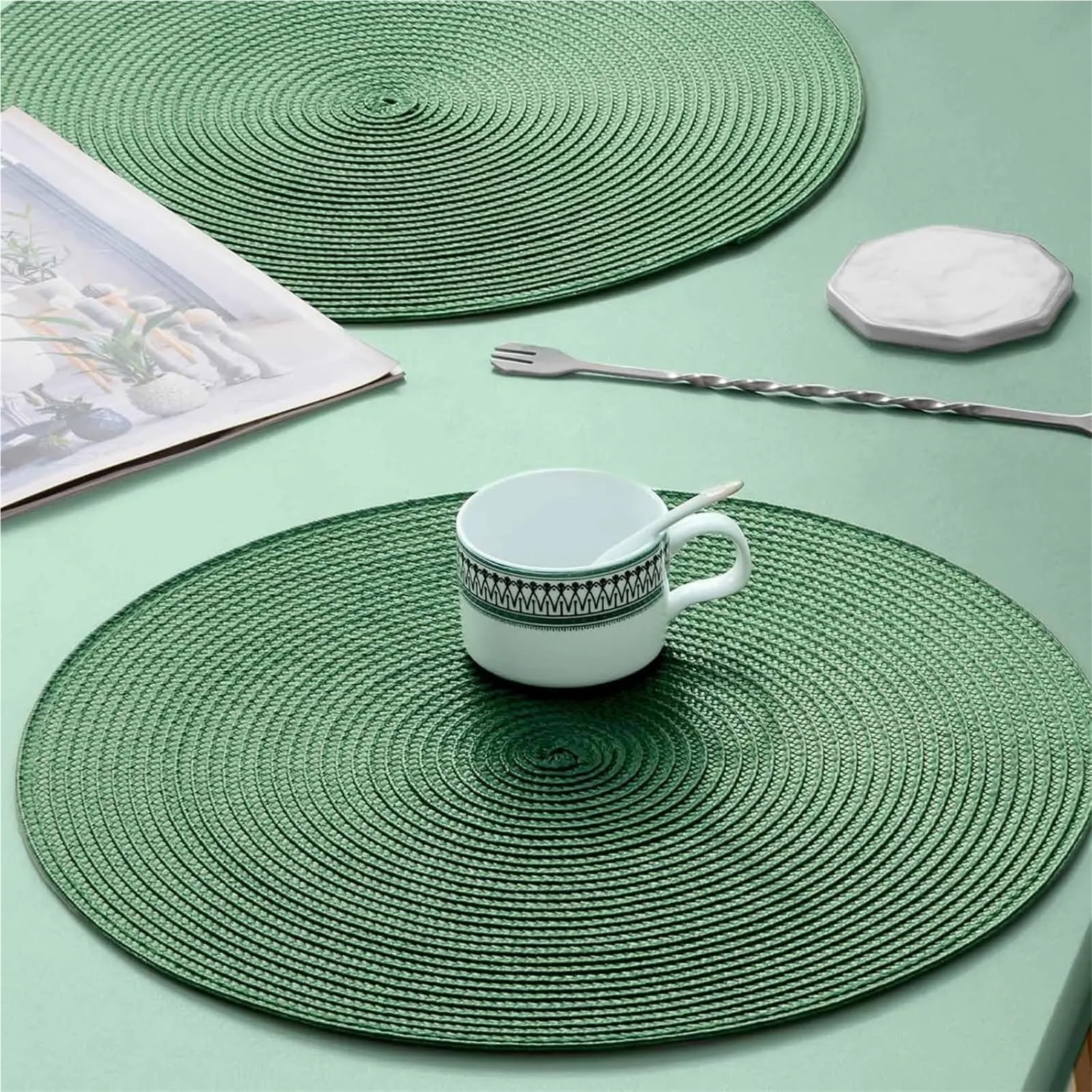 Tejido Salvamanteles Manteles Individuales Verdes de Regalo, tapete Mesa Trenzado Redondo, Almohadillas for Cuencos Comedor Antideslizantes Tejidas, Posavasos for Tazas Cocina, 1/4/6 Uds