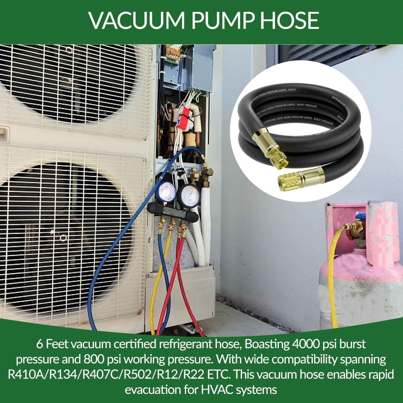 Manguera de vacío HVAC de 3/8 pulgadas (6 pies), accesorios SAE de 3/8 a 1/4 pulgadas, funcionamiento de 800 psi/presión de ráfaga de 4000 psi, manguera de alto flujo certificada por vacío compatible