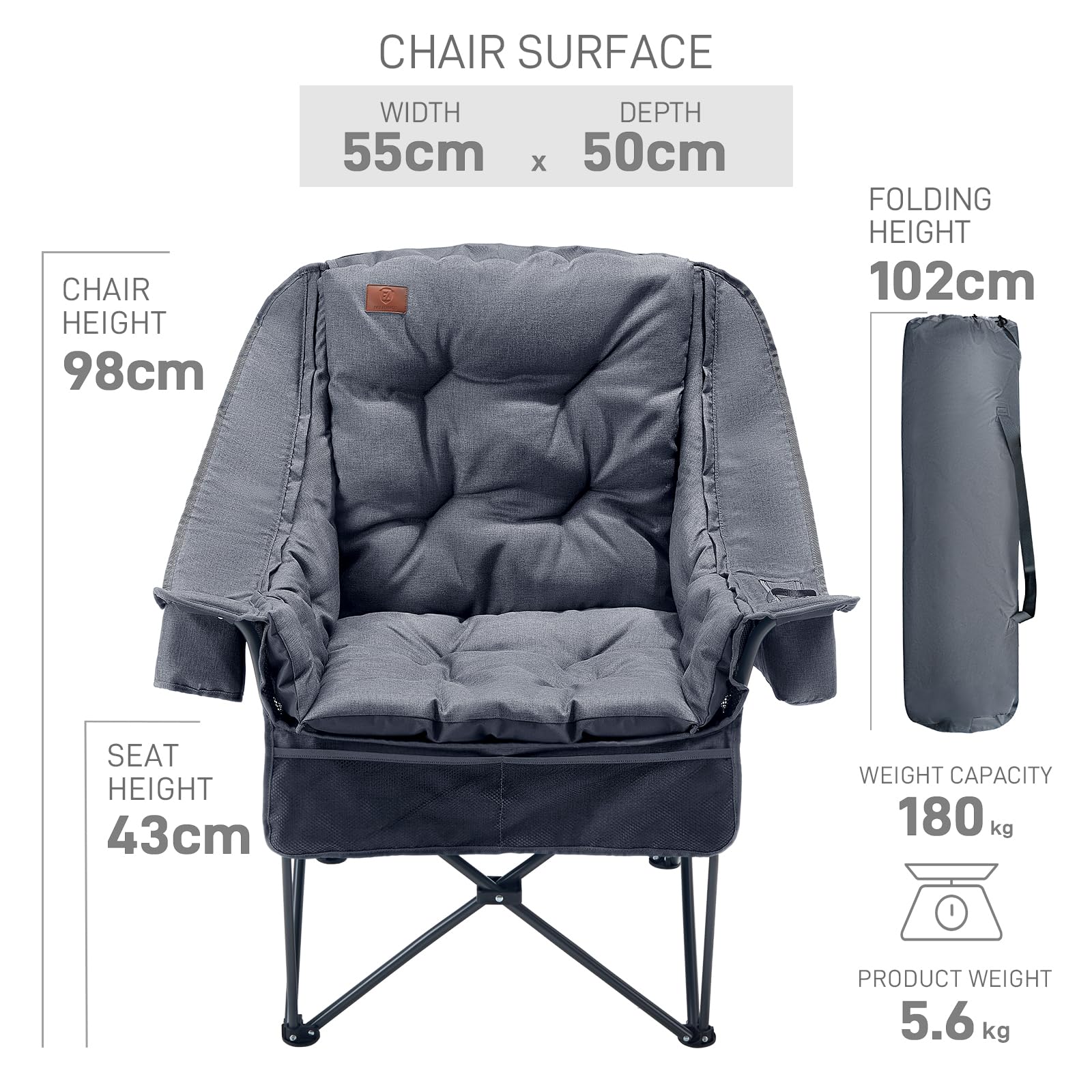 EVER ADVANCED Krzesło kempingowe 2 w 1, składane, bardzo duże, ze zdejmowaną tapicerką o grubości 6 cm, obciążenie 180 kg, składane krzesło z kieszeniami bocznymi, kieszenią chłodzącą i uchwytem na