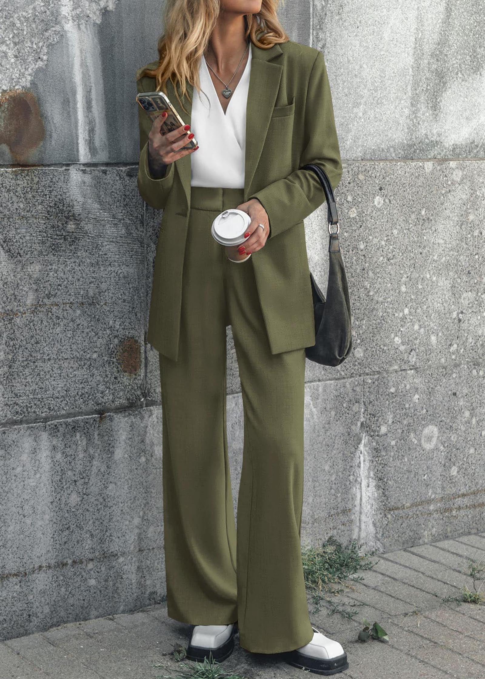 2-teiliges Outfit für Damen, eleganter Blazer, lässig, locker, langer Blazer, Jacken und elegante Hosenanzüge mit weitem Bein und Taschen
