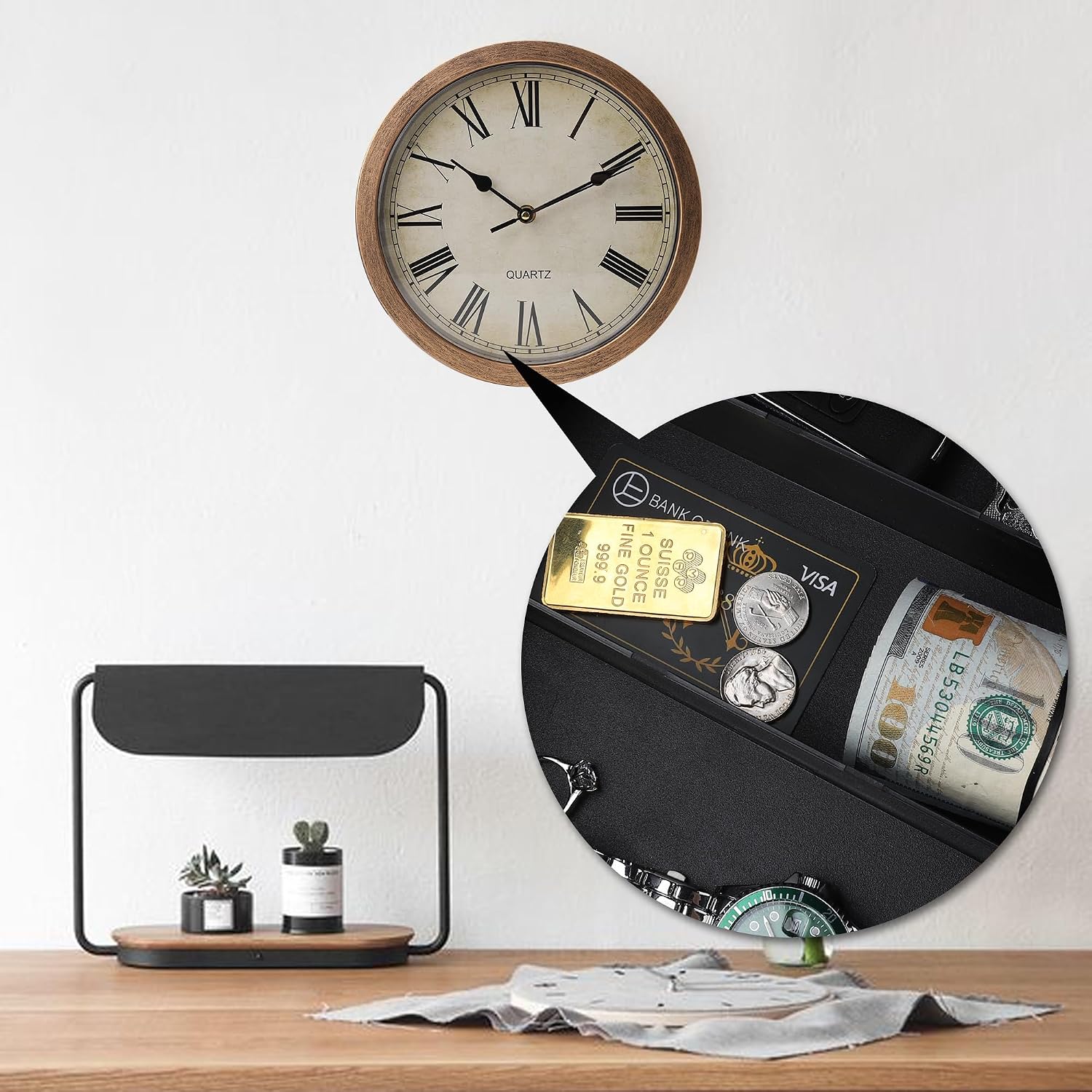 Hidden Safe Wall Clock, 10 inch Plastic Box Diversion Safe, Secret Storage for Living Room, Bedroom, Office, Hidden Compartment Container for Valuables, Key Hidden Safe Storage- Bronze