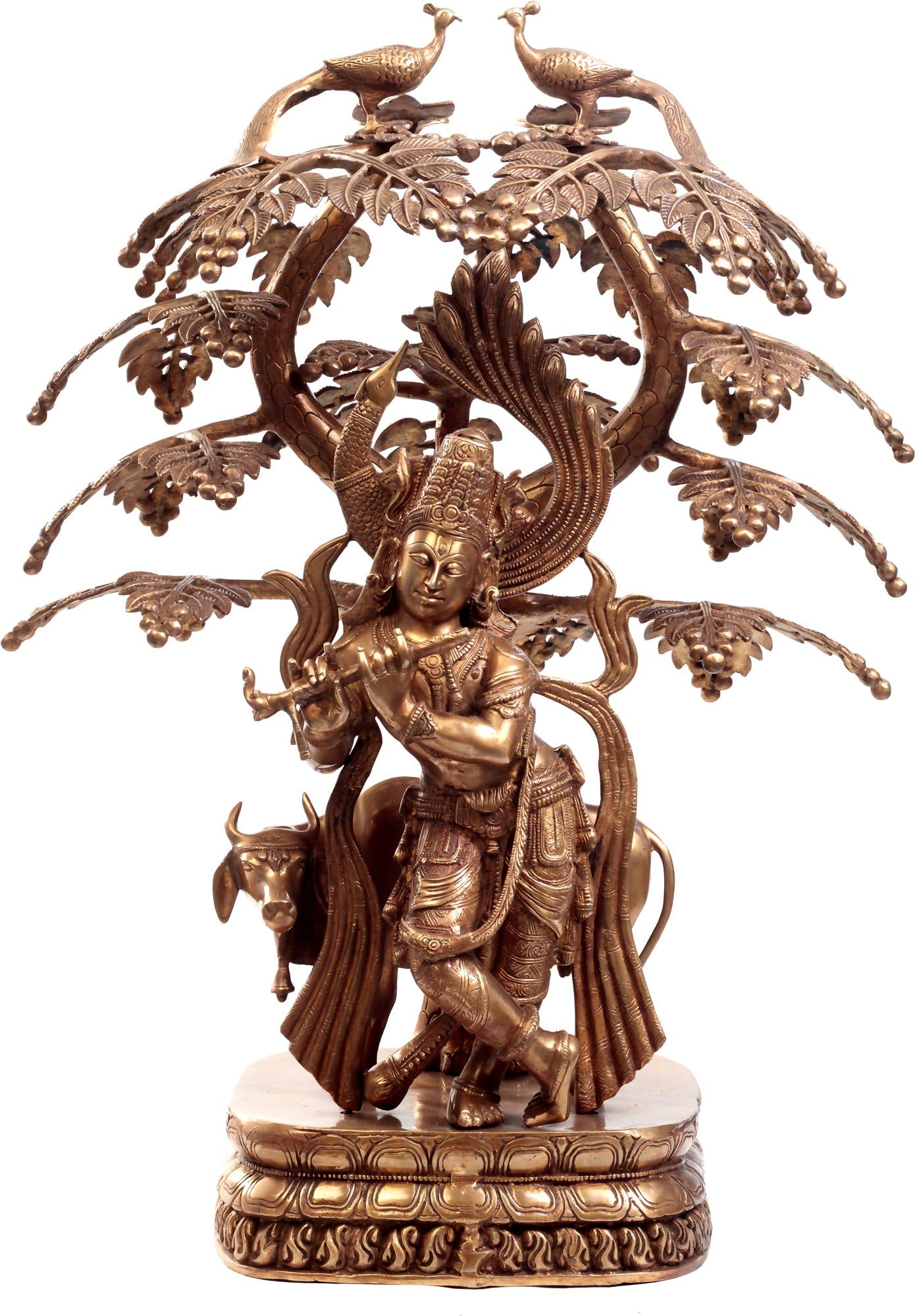 Swethamber Arts Tree Krishna Statue with Cow, Gold, 18 x 16 x 30-Inch