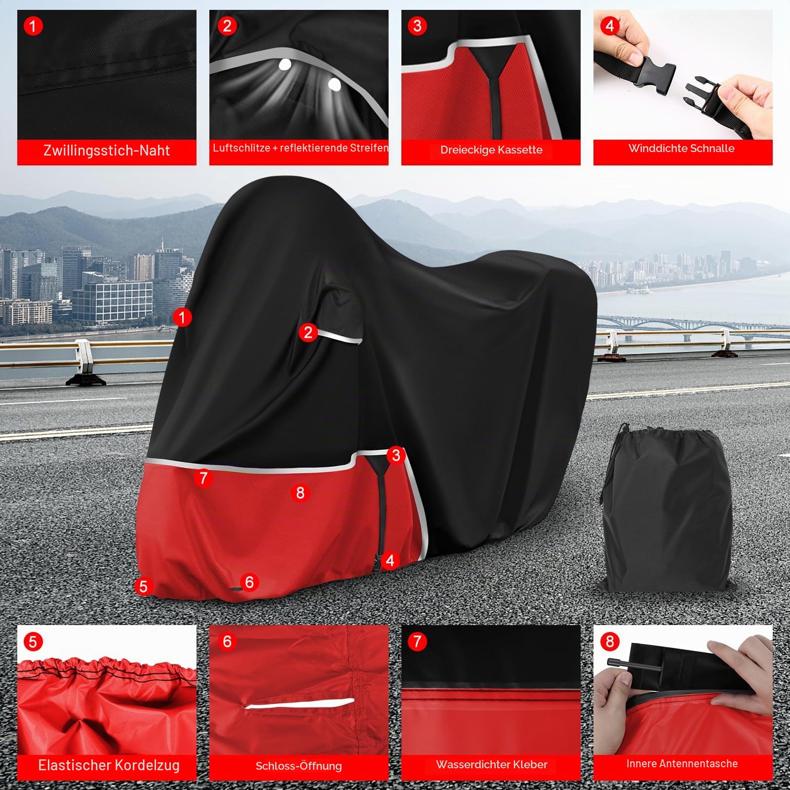 Motorradabdeckung Outdoor für Piaggio Vespa GTV GTS GT60/125/200/250/300 | Mit Kofferraum, Wasserdicht Motorrad Abdeckplane Abdeckung 420D Oxford-Stoff Motorrad Abdeckung, Schwarz & Rot