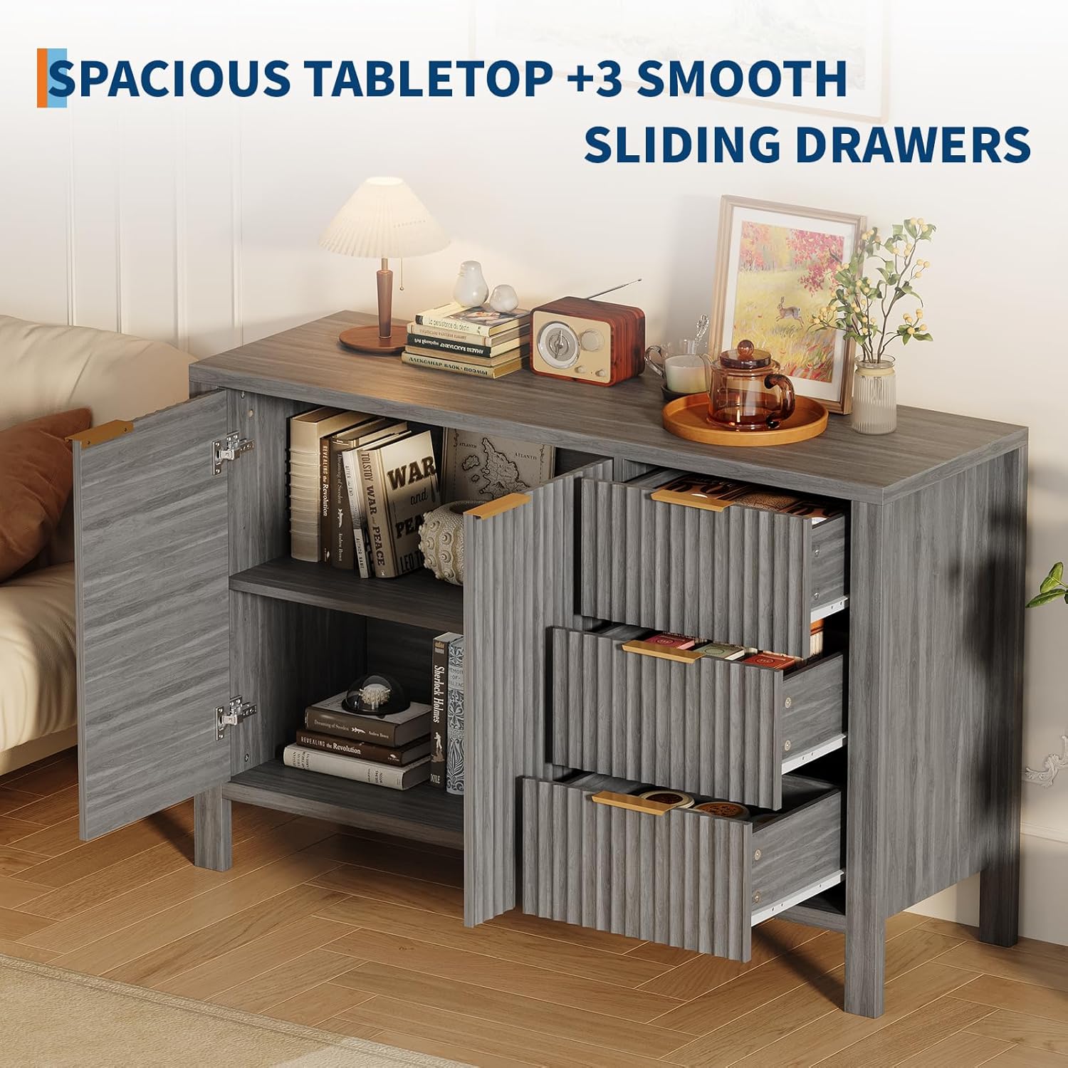 46.5" Fluted Sideboard Buffet Cabinet with 2 Doors & 3 Drawers, Modern Storage Cabinet with Adjustable Shelf, Oak Gray Console Table Credenza for Dining Room, Living Room, Entryway - Image 3