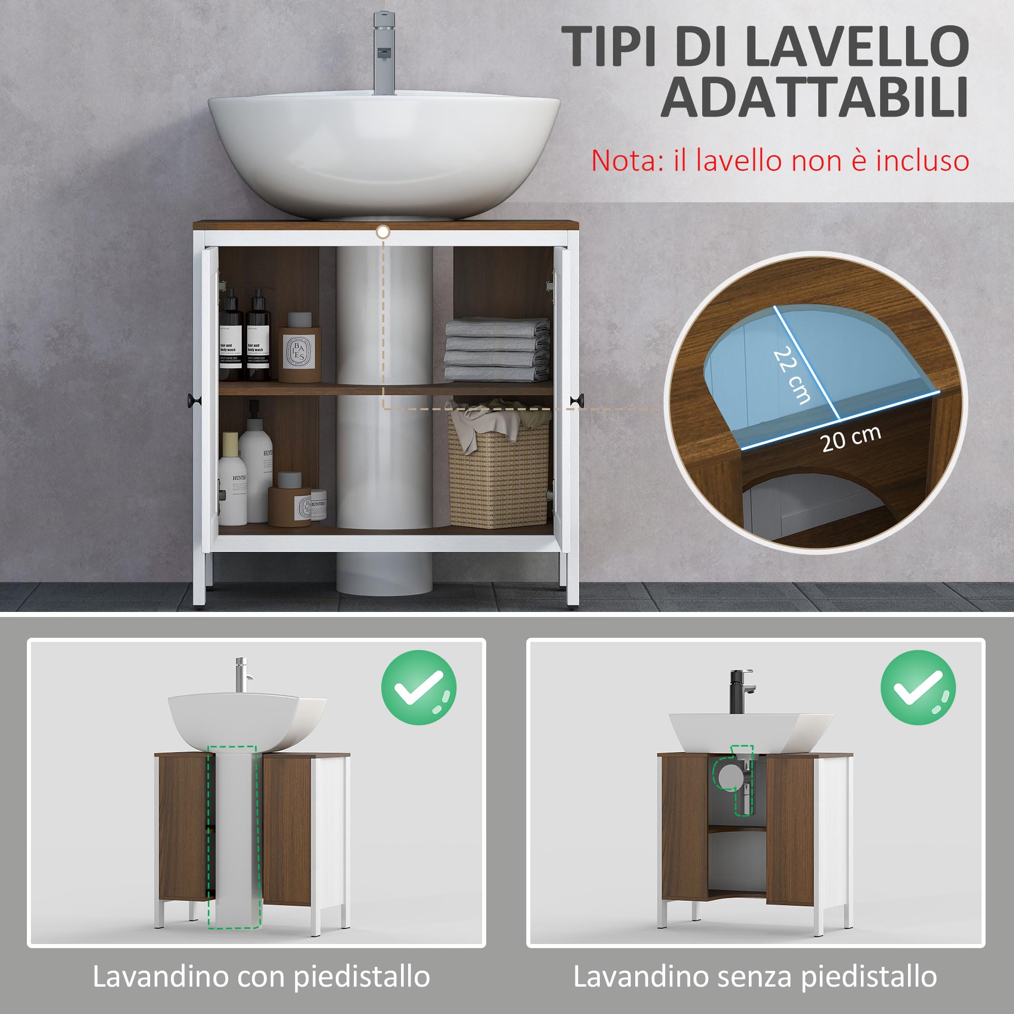 kleankin Mobile Sotto Lavabo Bagno a U con Ripiano Interno Regolabile e 2 Ante, Mobiletto Bagno in Truciolato, per Lavabi con o senza Colonna, 60x30x60 cm, Bianco e color Noce