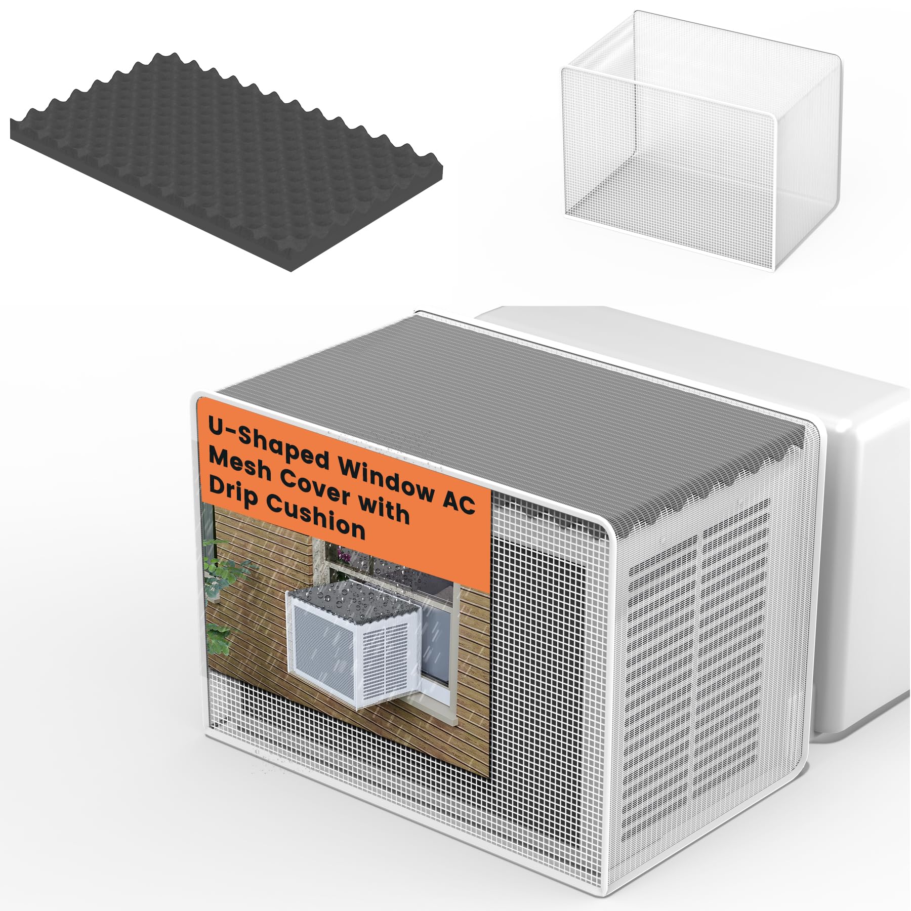 GCGOODS Mesh Cover & Drip Cushion Kit for U-Shaped Window AC, Window Air Conditioner Cover Set Specially for Outside U Shaped Units, Easy Air Flow & Reduce Dropping Noise of Water (White)