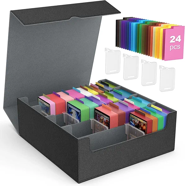 MoKo Trading Card Storage Box, 3000+ MTG Deck Box with 24 Colorful Dividers & 4 Card Supporters, Commander Card Deck Case Fits for Magic Game Cards, YugiOh, TCG, PTG and Sport Cards, Black Grey