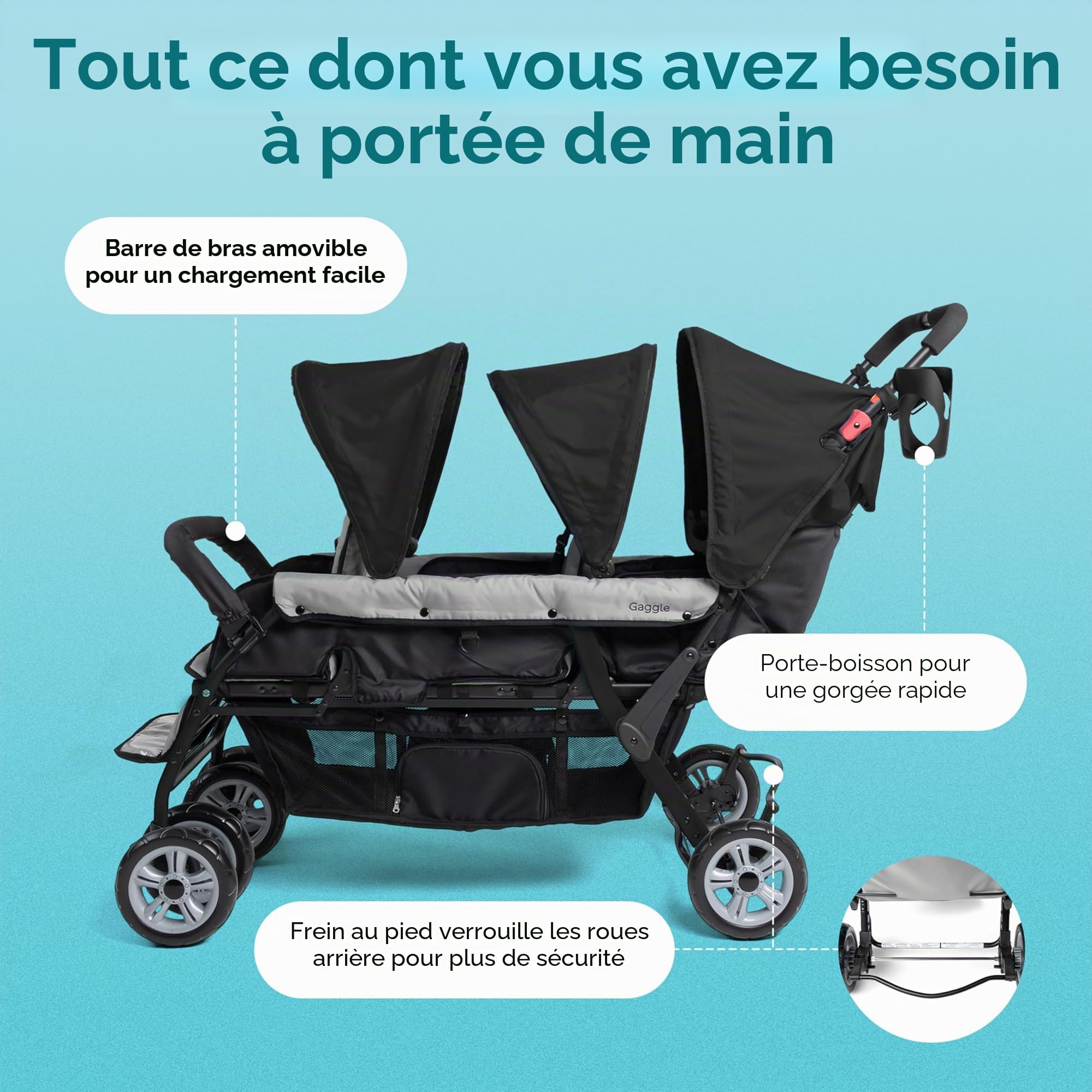 Gaggle Poussette triple Compass 3 places pour bébé et 2 tout-petits, noire