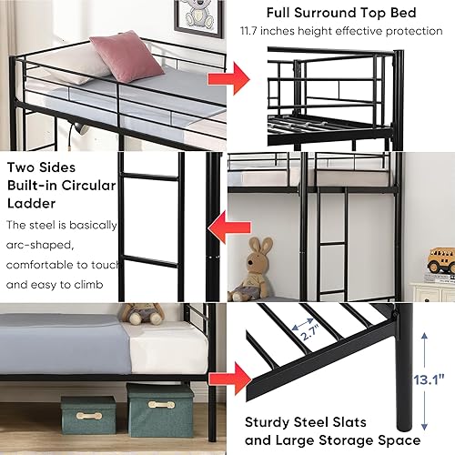 Miniatura 5 de Litera de metal individual sobre cama individual para niños, niñas, adolescentes y adultos, base de cama de tamaño individual con barandilla y