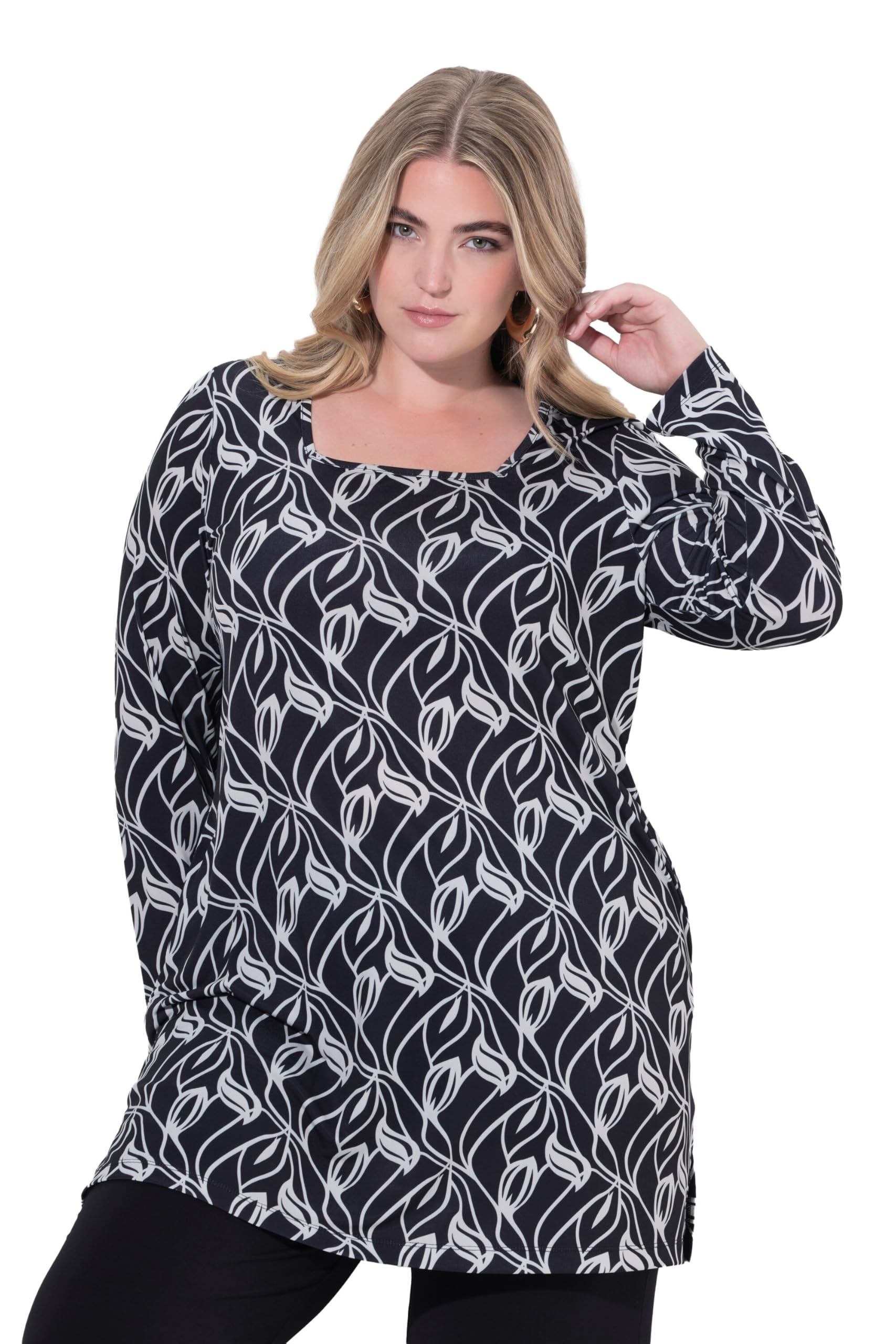 Ulla Popken Damen große Größen Übergrößen Plus Size Longshirt, A-Linie, Carré-Ausschnitt, Langarm 844637