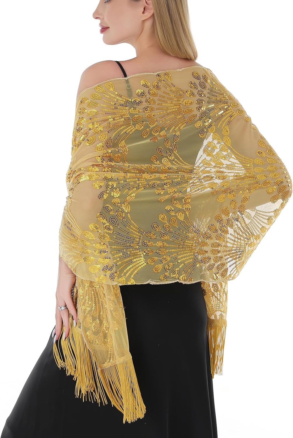 Shawls Wraps for Women, Sheer Chiffon Shawl for Formal Evening Dresses, Sparkly Sequined Tassel Weddings Cover Ups