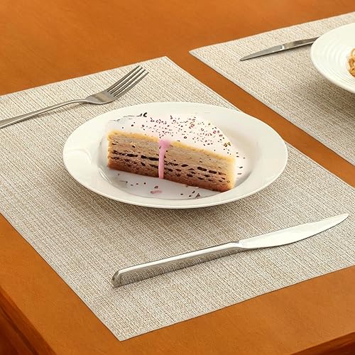 Miniatura 5 de Juego de 2 manteles individuales color beige, resistentes al calor, antideslizantes, para mesa de comedor, lavables, duraderos, tejido de vinilo PVC