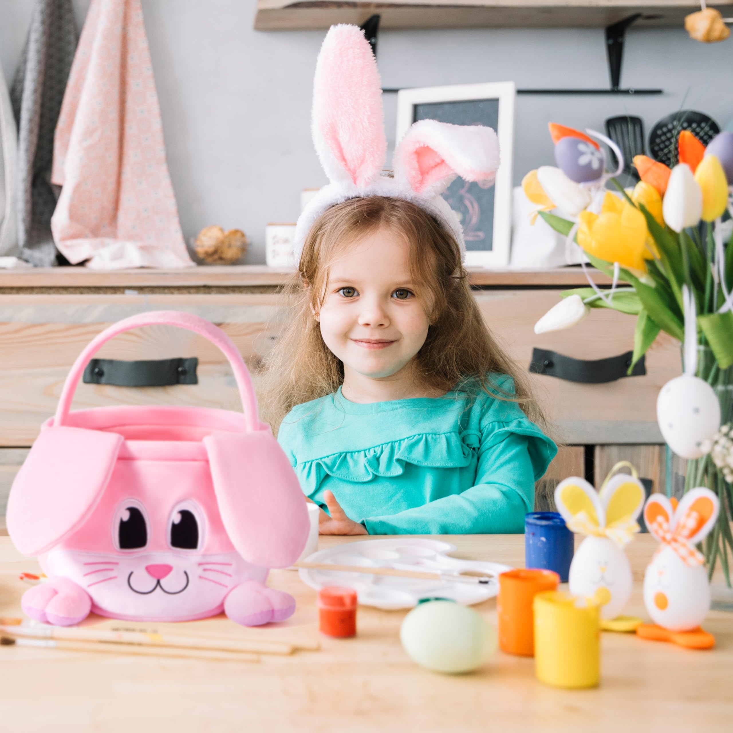 JOYIN Cestino rosa pasquale, 25,4 x 20,3 cm, con orecchie pieghevoli, cestino morbido vuoto con manico, regali di Pasqua per neonati, gioco di caccia alle uova per bambini, sacchetto di caramelle e