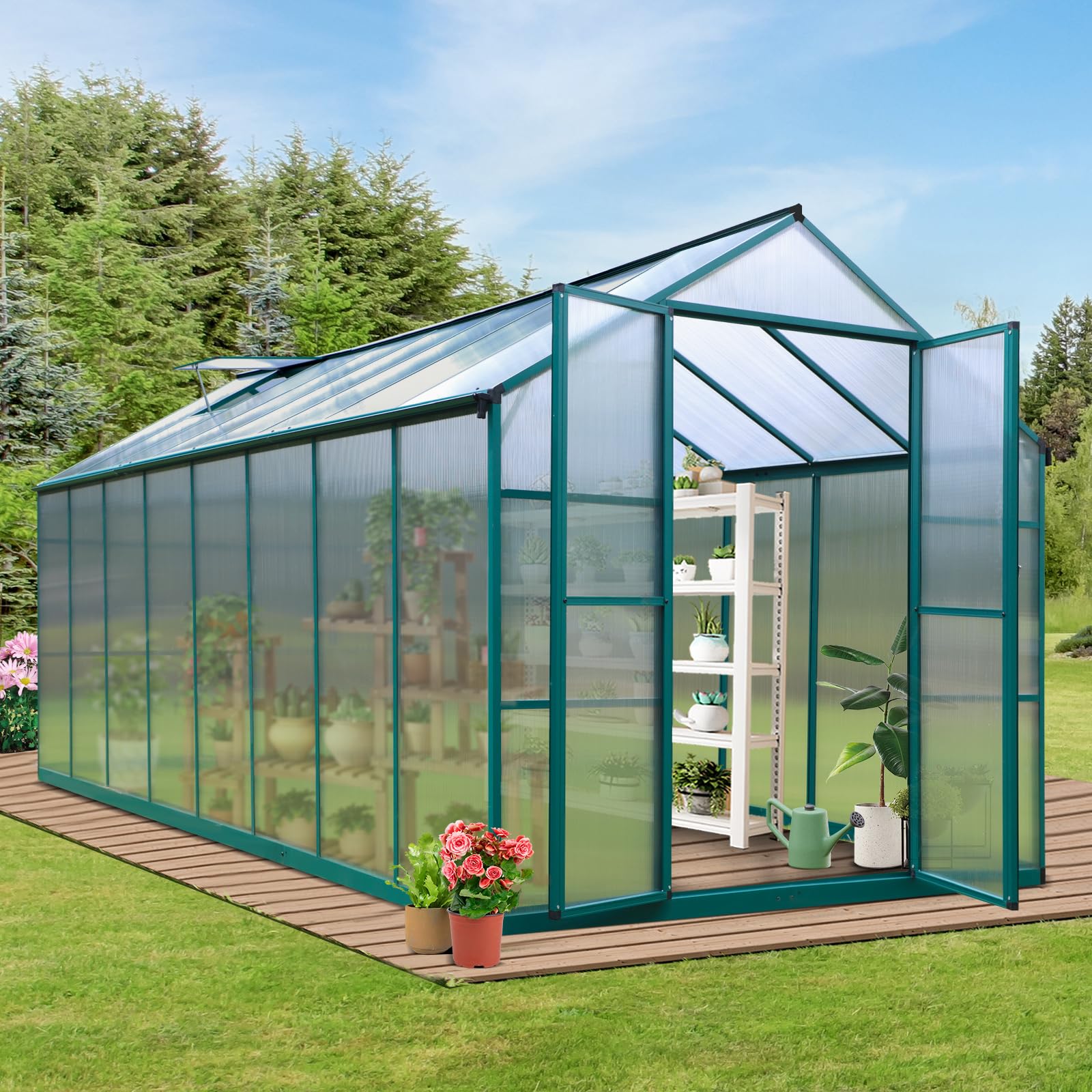 incomplete, only 1 box Polycarbonate Greenhouse Kit Outsides, Polycarbonate Greenhouse, Greenhouses for Outdoors with Adjustable Roof Vent and Rain Gutter, Aluminum Greenhouse for Backyard Garden (8’ x 16')