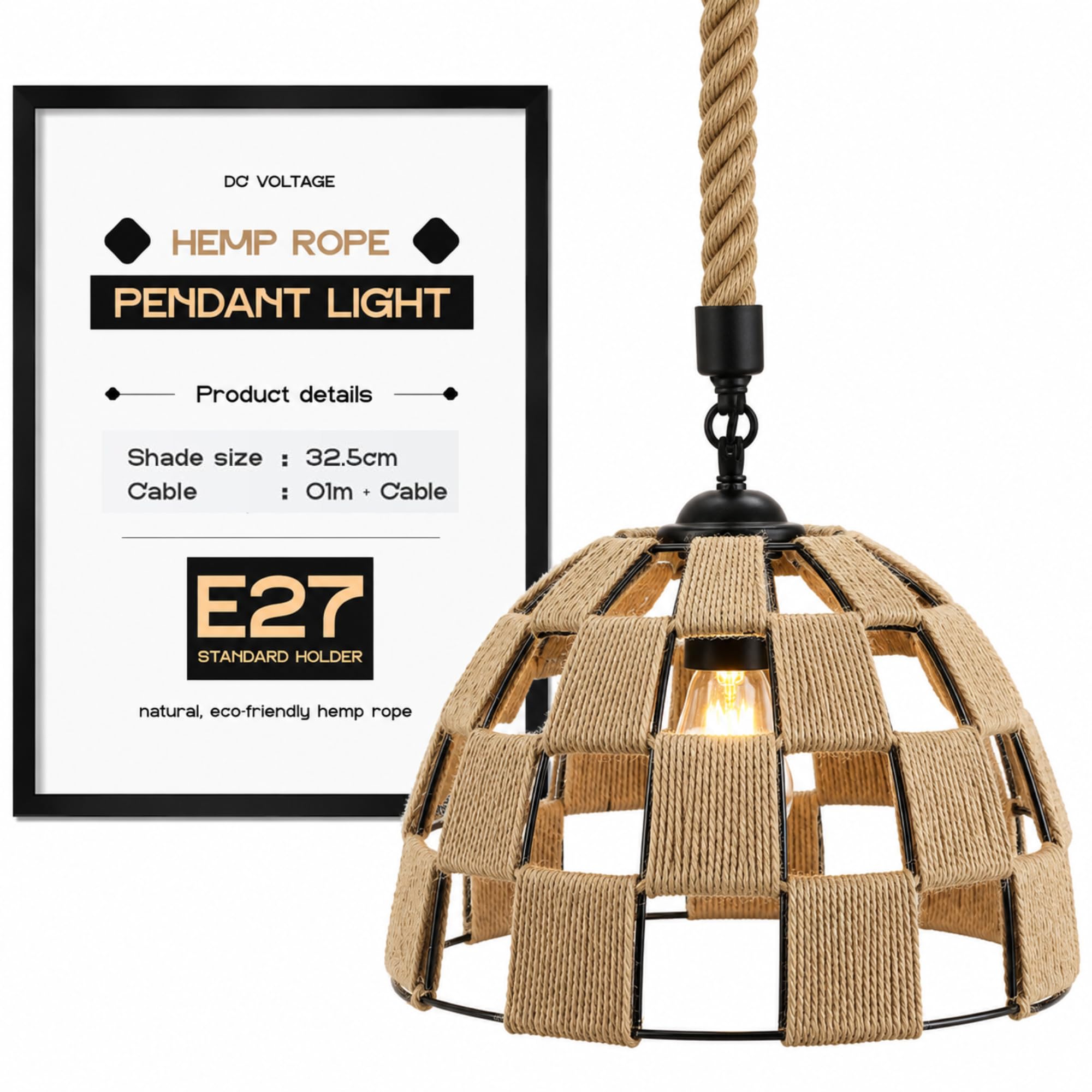 DC VOLTAGE Hemp Rope Pendant Light Black Metal Cage Ceiling Light Shade, Industrial Pendant Lighting E27, Ceiling Fitting Light for Kitchen Island Living Room Bedroom