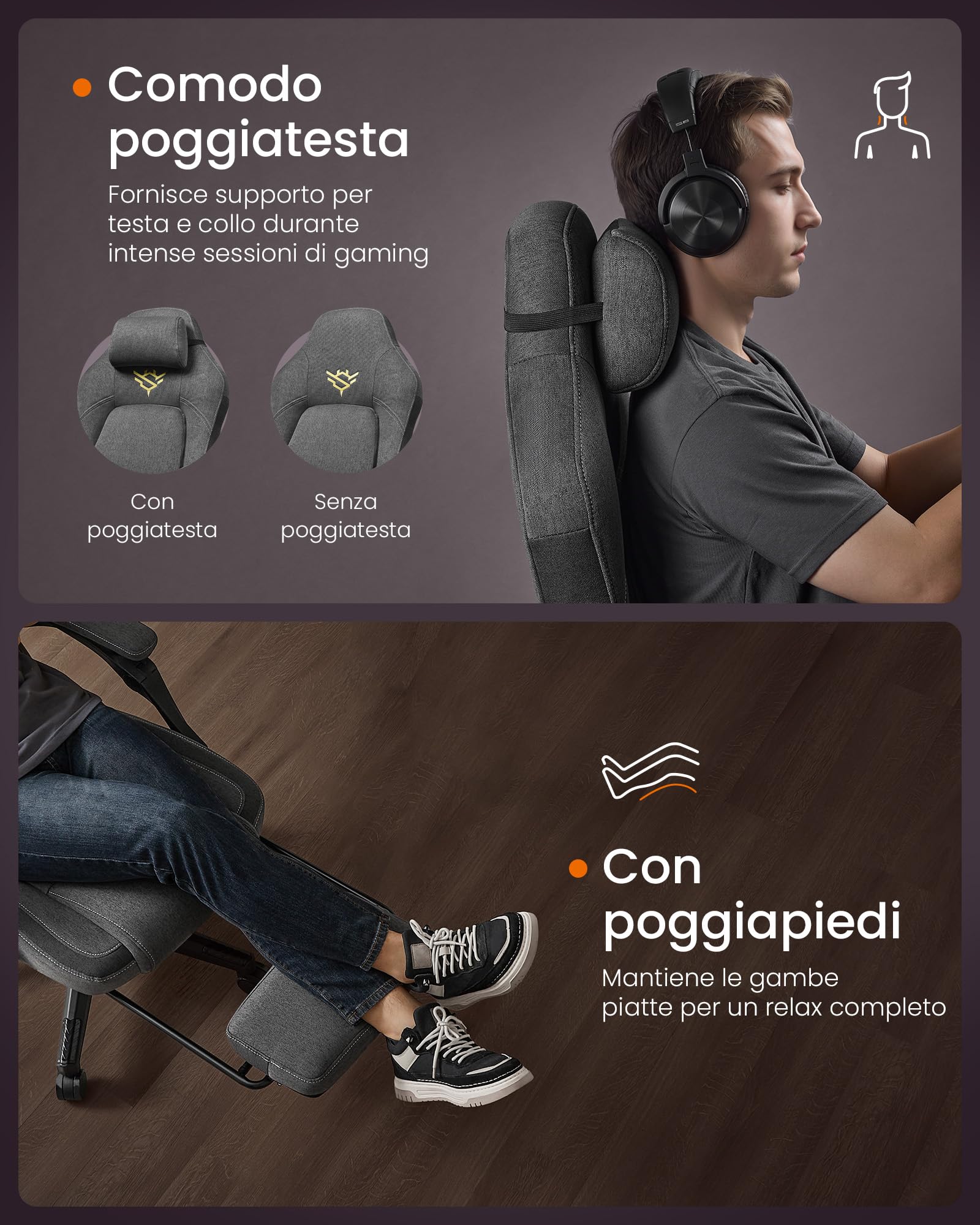 SONGMICS HOME Sedia da Gaming Ergonomica per Computer Con Poggiapiedi e Poggiatesta, Cotone-Lino, Altezza Regolabile, Grigio Tortora OBG072G01