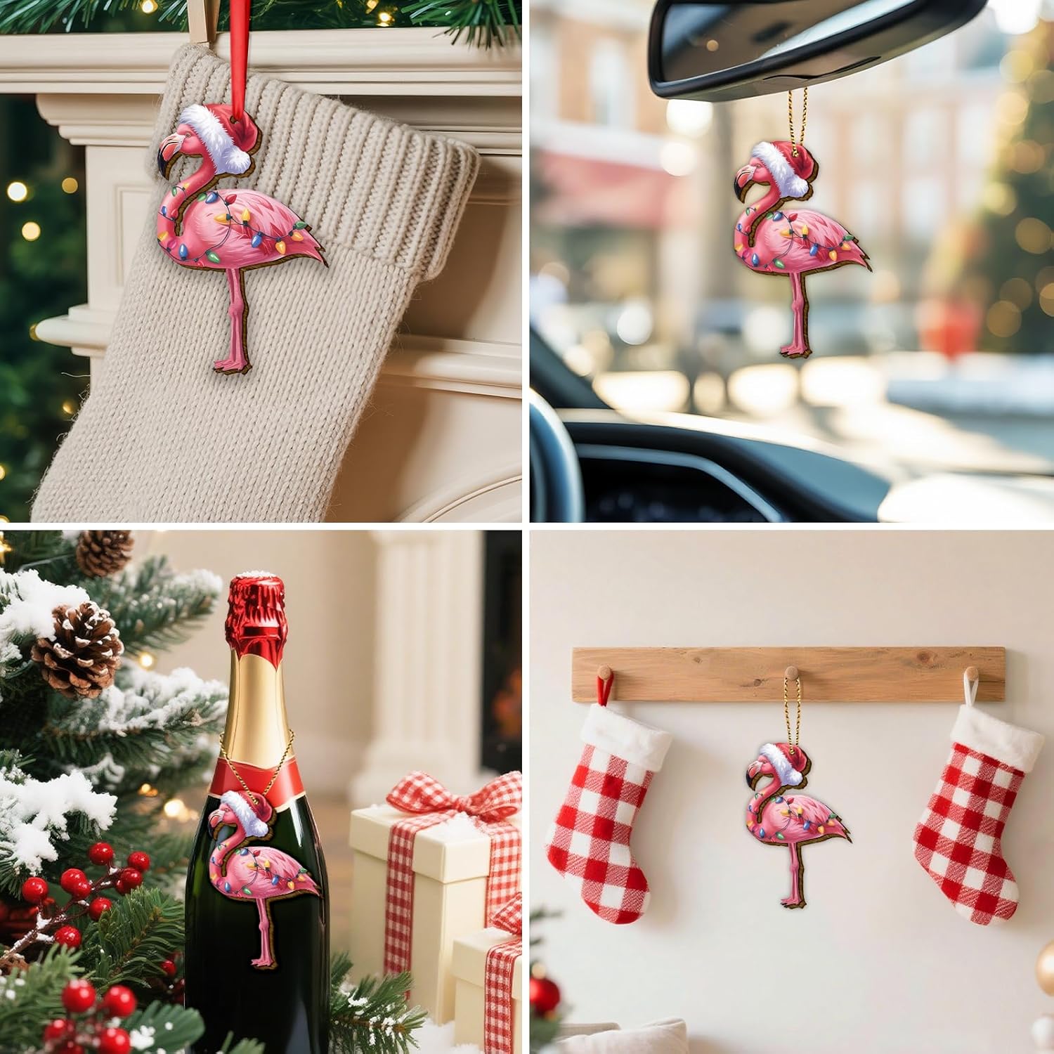 Flamingo Wooden Ornament Christmas 2025 – Funny Santa Hat Gift, Holiday Tree Décor, Tropical House Decoration - Image 6
