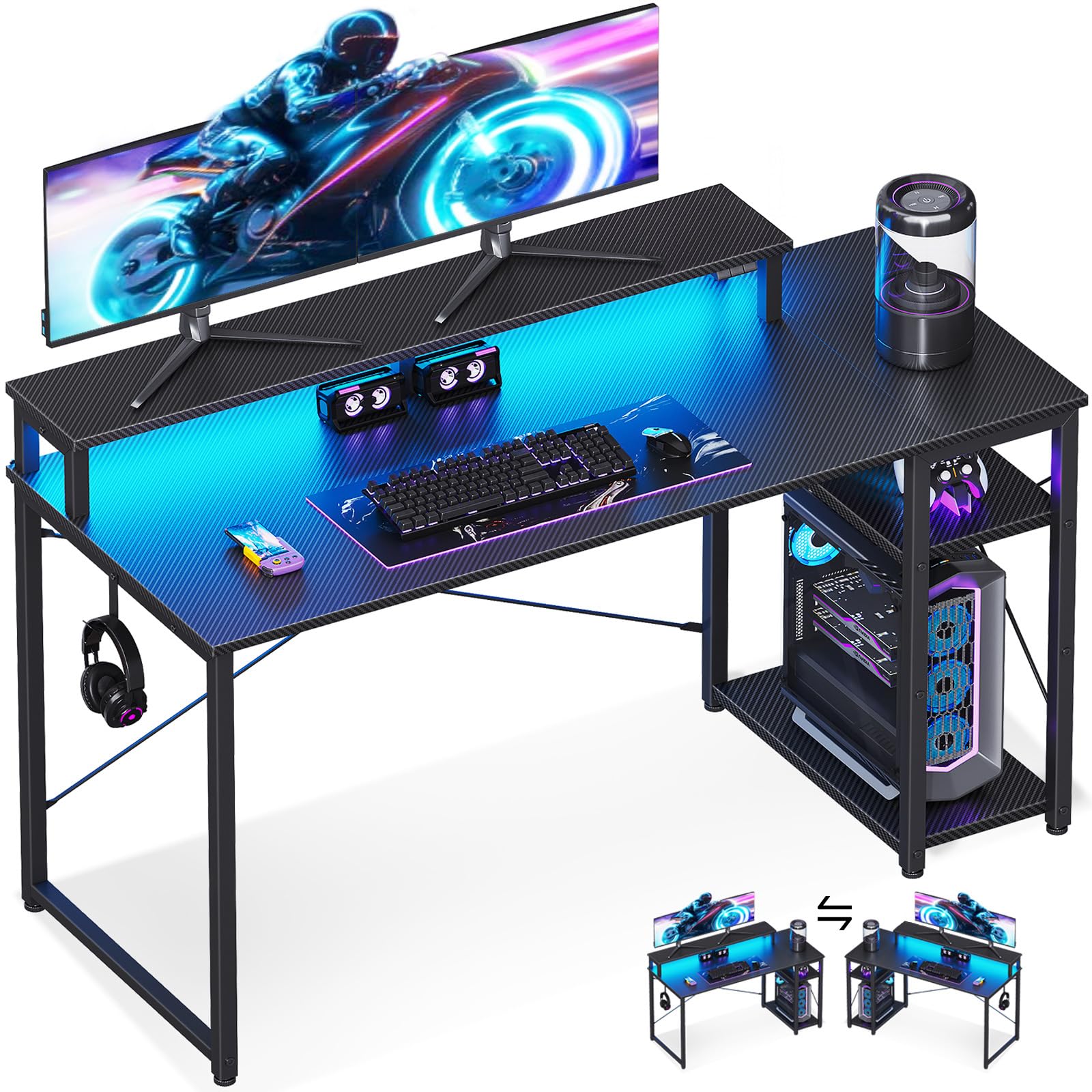 MOTPK 48 Inch Gaming Desk with Storage & Led Lights, Computer Desk with Shelf, Reversible Gamer Desk with Monitor Stand, Carbon Fiber Texture Black