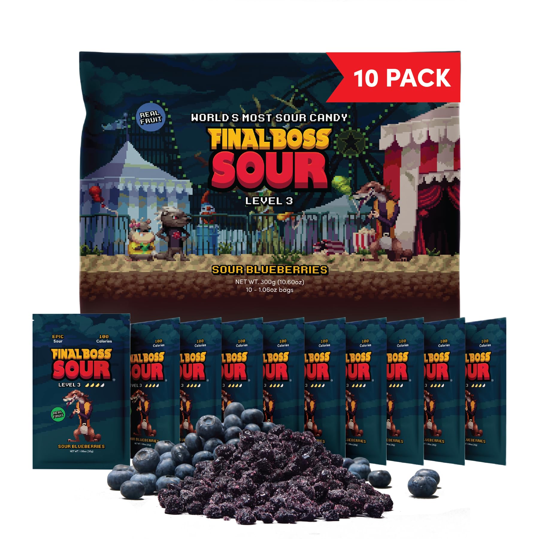 Final Boss Sour Candy | Level 3, Sour Blueberries, 10 Packs – Made with Real Dried Fruit, No Artificial Colors, No Artificial Fruit Flavors, Low