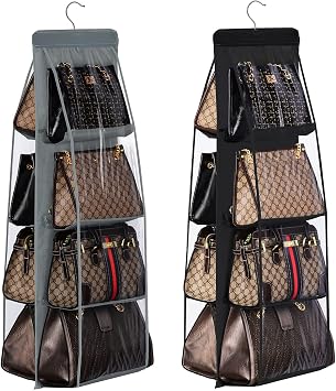 Lirex Purse Organizer Bundle - 2 Pack 8-Pocket Foldable Handbag Organizer, Minimalist Style, Hanging Organizer for Closet,Black and Dark Grey