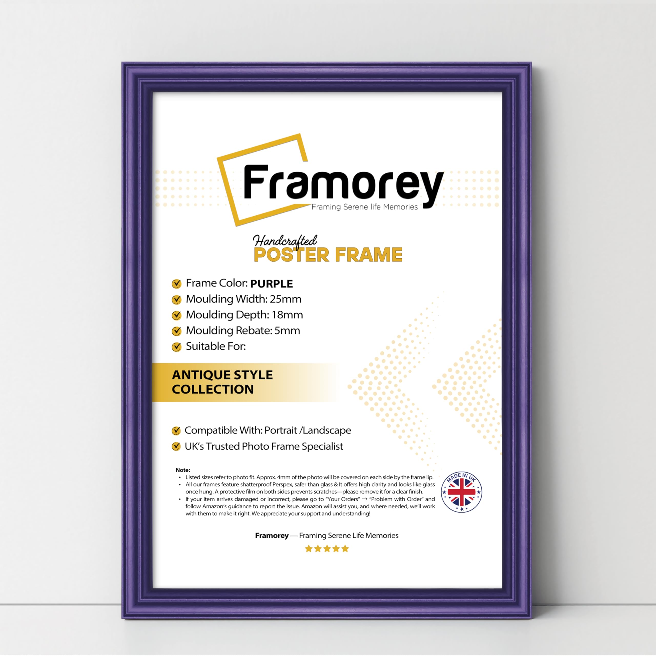 FRAMOREY Purple A4 Size Picture Frame, Wall Hanging Photo Frames, LW Antique Style Print Poster Frame, Wall Hanging Frames, Home Decor Frame,