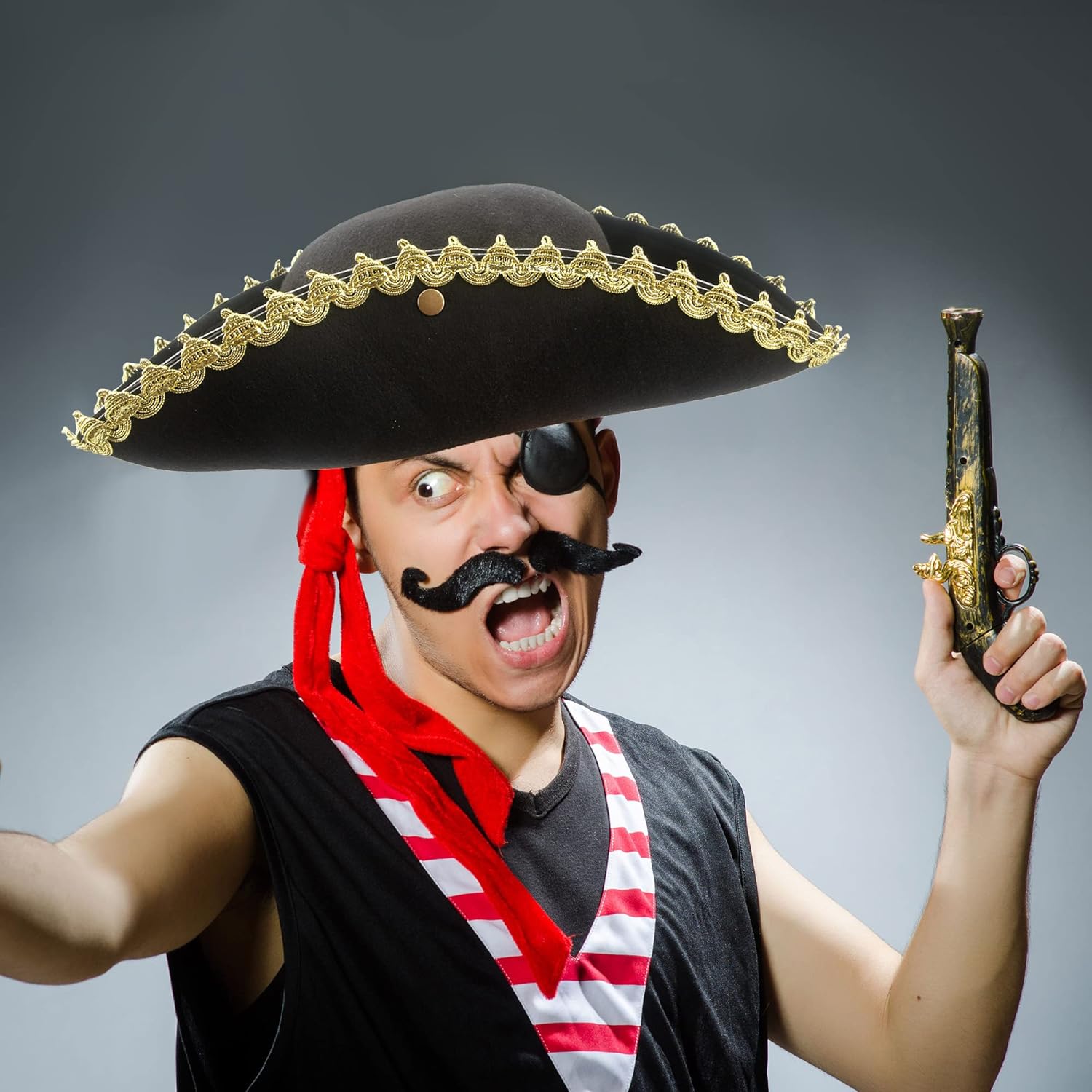 6 Pack Pirate Tricorn Hats Black Buccaneer Hat with Gold Trimming Pirate Captain Hat for Halloween Dress-up Party Supplies - Image 5