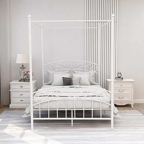 Miniatura 3 de AUFANK Marco de cama con dosel de tamaño matrimonial, plataforma de metal con cabecera y estribo, soporte de listones de acero resistente y