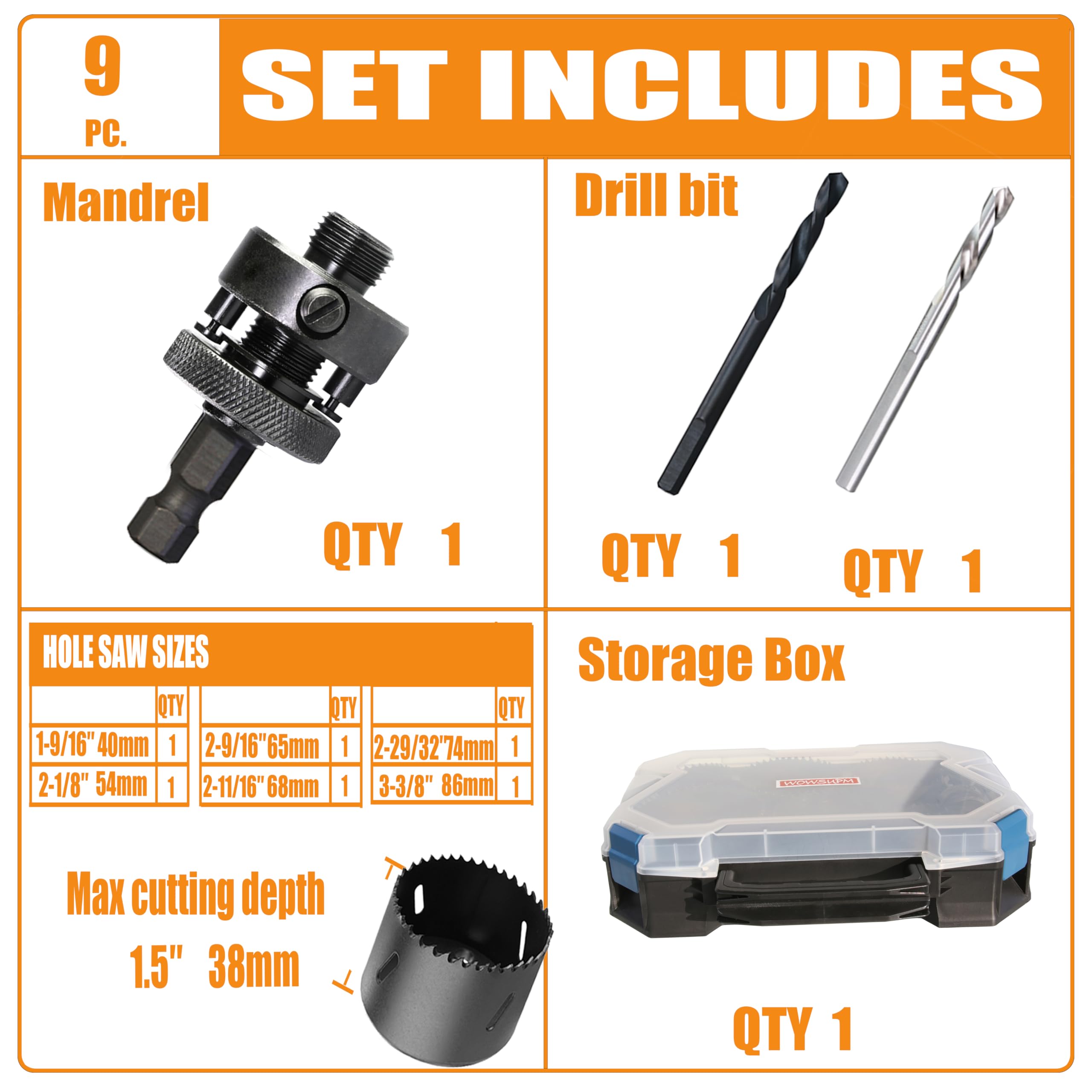 WOWSUPM 1-9/16” to 3-3/8” HSS Bi Metal Hole Saw Kit 6pcs Heavy Duty Hole Saw Bit for Wood Drywall Plastic Aluminum Mild Steel Iron Metal Stainless Steel