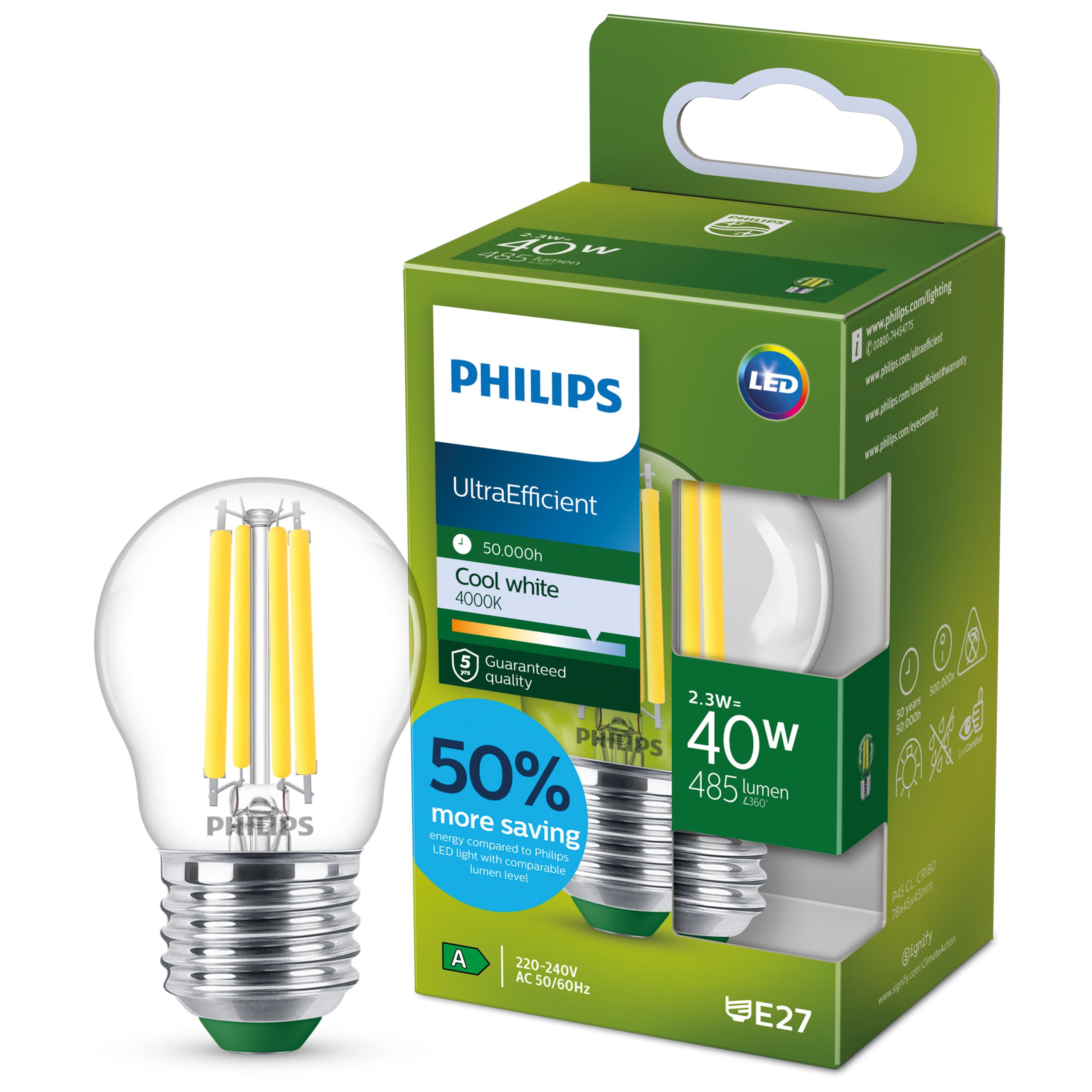 Philips Classic ultra-efficient LED bulb with energy efficiency class A, E27 base, replaces 40W, clear, cool white light, teardrop shape
