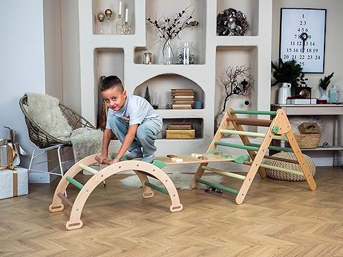 Miniatura 8 de Wood And Hearts Juego de 3 artículos de escalada, rampa de escalada triangular con arco de escalada de rocas, muebles Montessori, escalador para