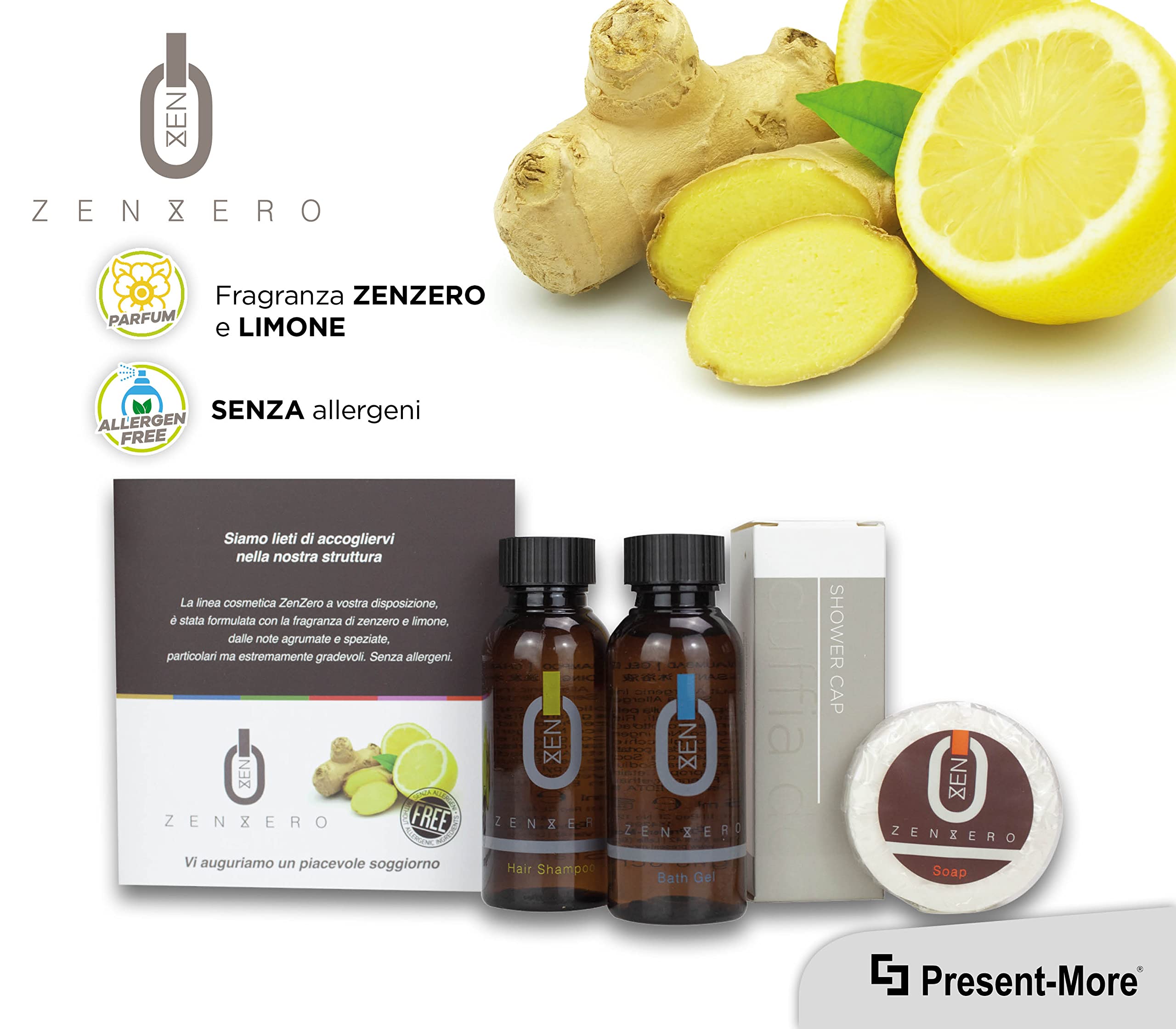 Present-More Amenities Kit Zenzero - Toilettenartikel 20 Gäste für Hotels und B&B | Allergenfreie Amenities Kit mit Duftnote Ingwer und Zitrone