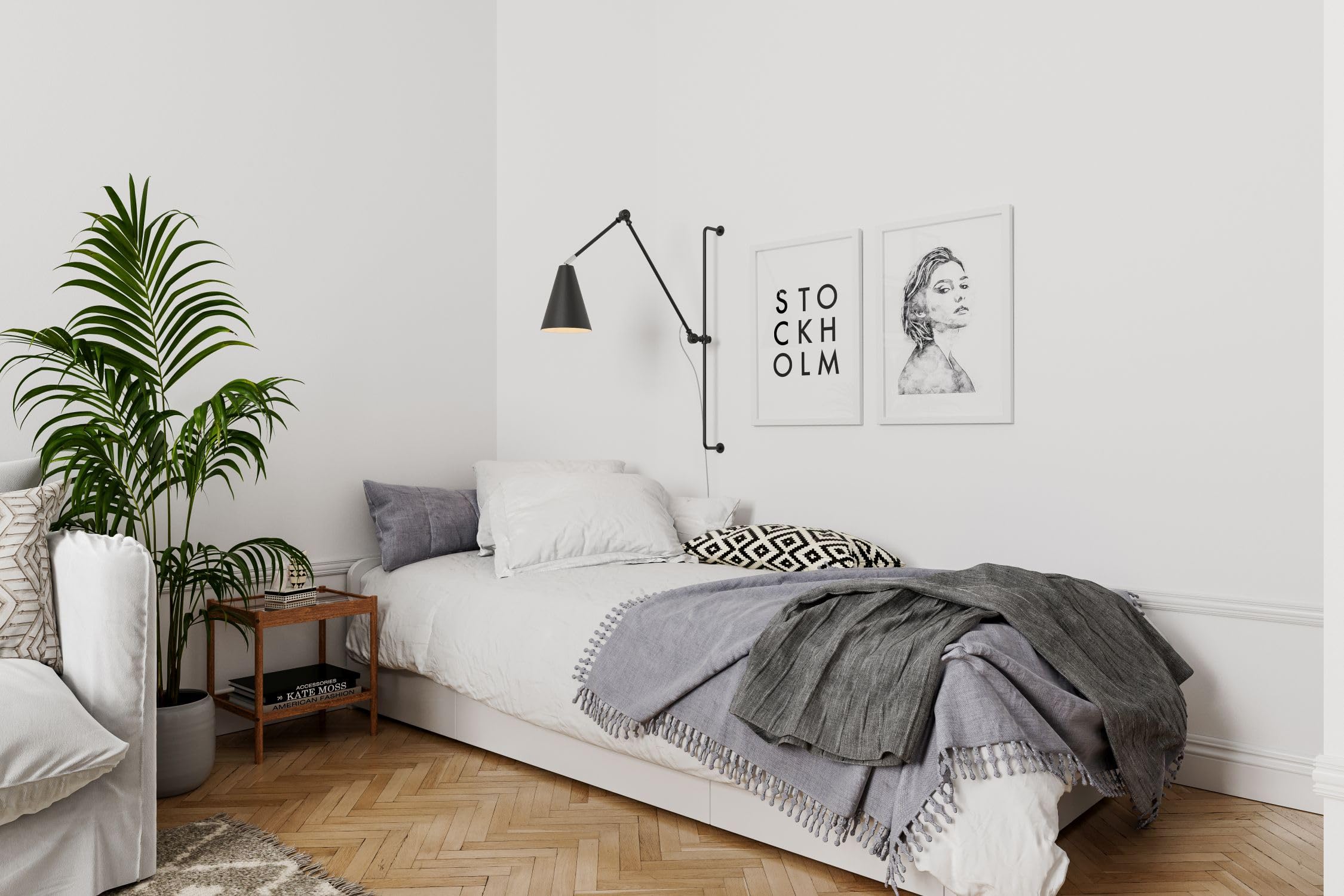 Licht-Erlebnisse Verstellbare Wandlampe mit Stecker Schalter H: 78,5 cm Gelenkarm Schwarz Metall E27 Retro Wandleuchte Wohnzimmer Leselampe XXL