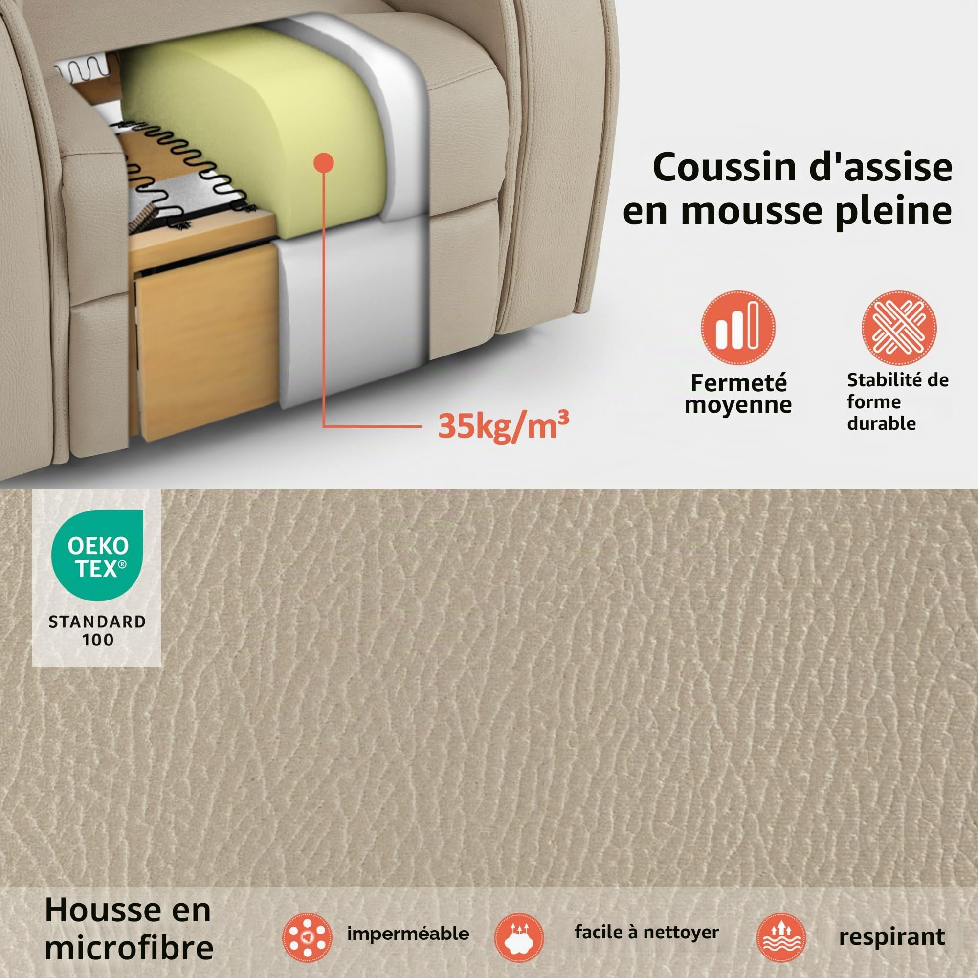 M MCombo Fauteuil TV avec Fonction releveur électrique, avec Massage et Chauffage, Fauteuil Relax avec Fonction inclinable jusqu'à 145°, Porte-gobelets cachés 7252 (Microfibre, Beige-Brun)