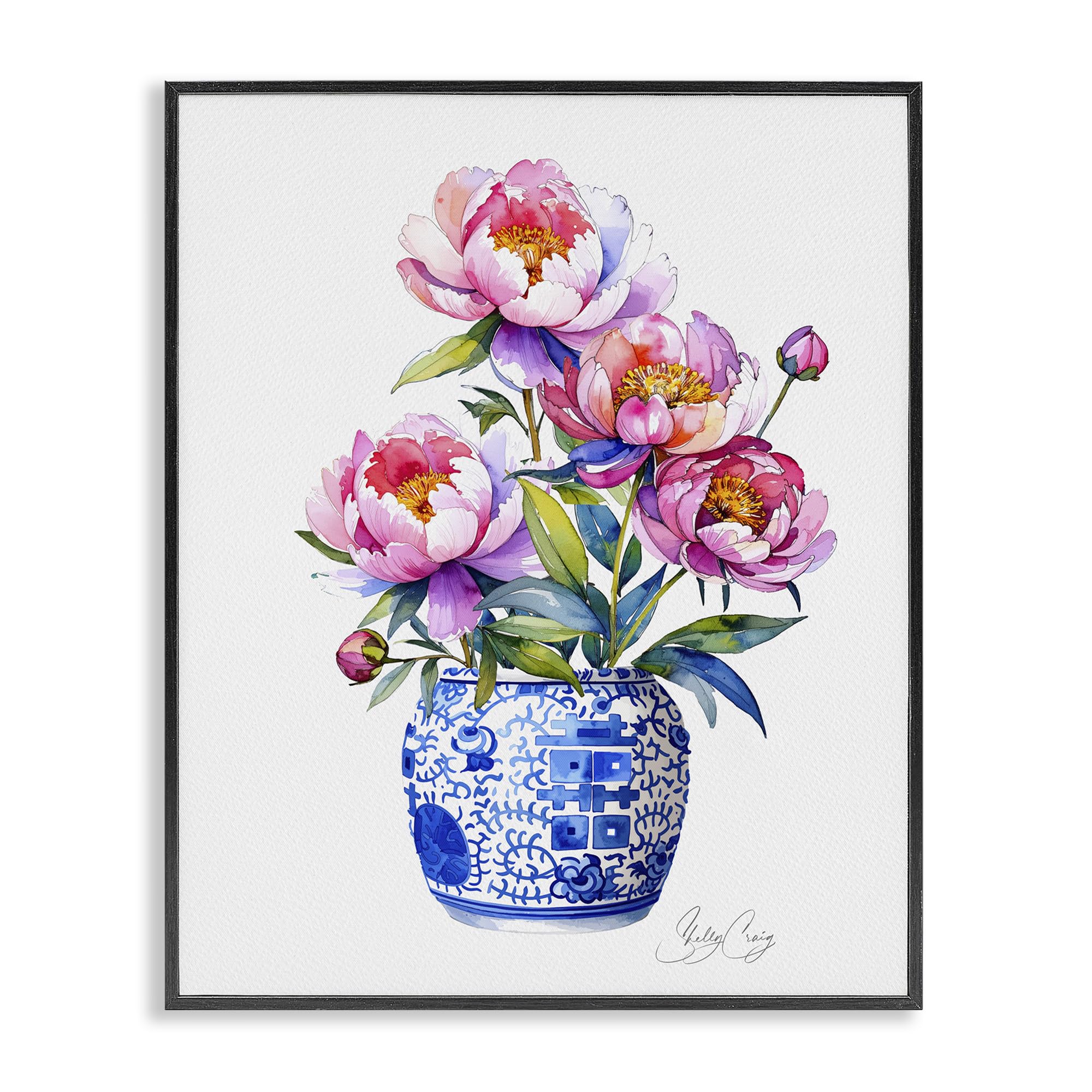 Stupell Industries Midnight Black (Textured) 'Blue Dynasty Blooms', Framed Giclee Art, Black, 11 X 14 Inches, Easy To Hang And Sturdy, Made In Usa, By Shelly Craig