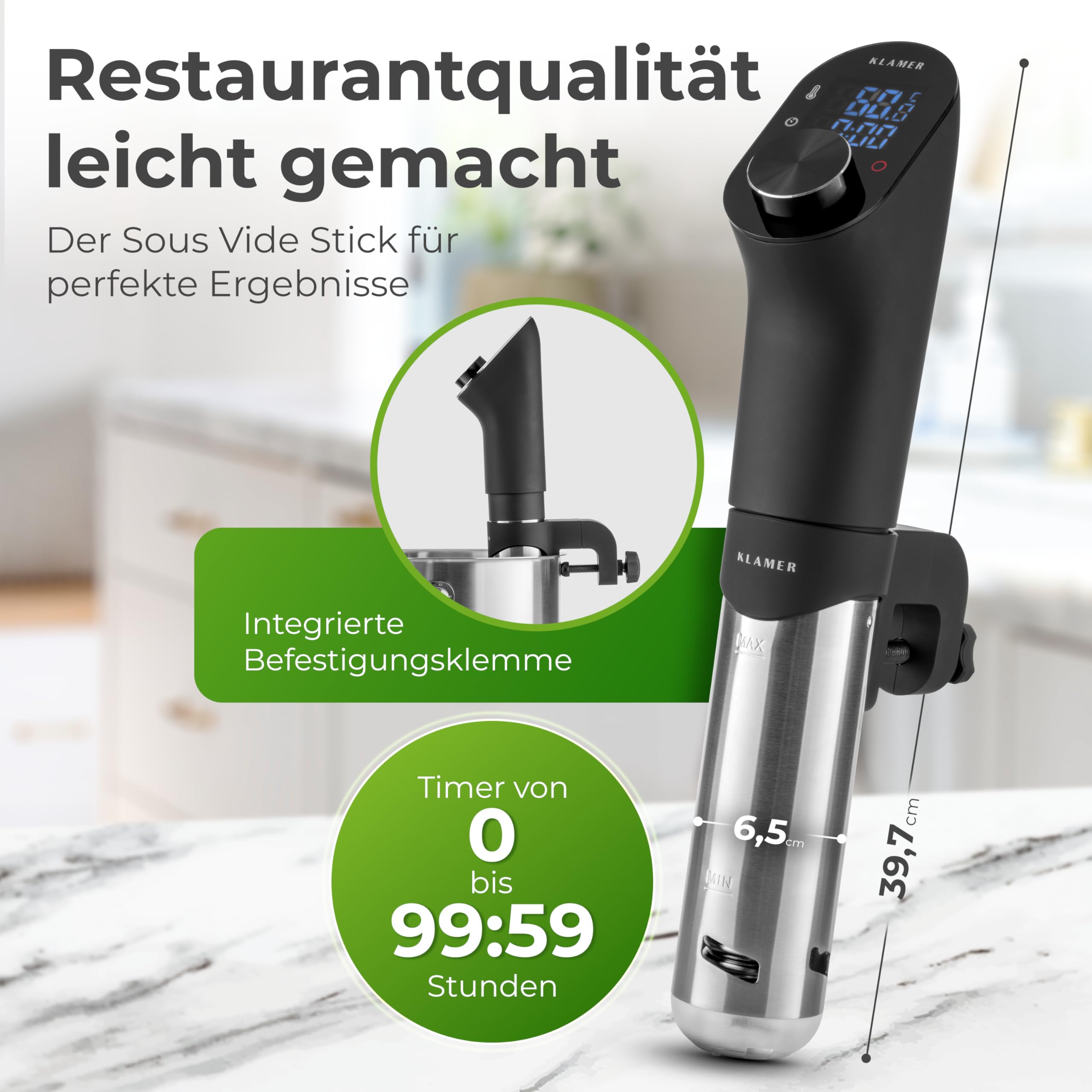 KLAMER Sous Vide Stick, 1200 Watt IPX7 wasserdichter Sous Vide Garer mit 3D Zirkulation und 20-95℃ Temperaturregelung, Schongarer Timerfunktion und LED Display