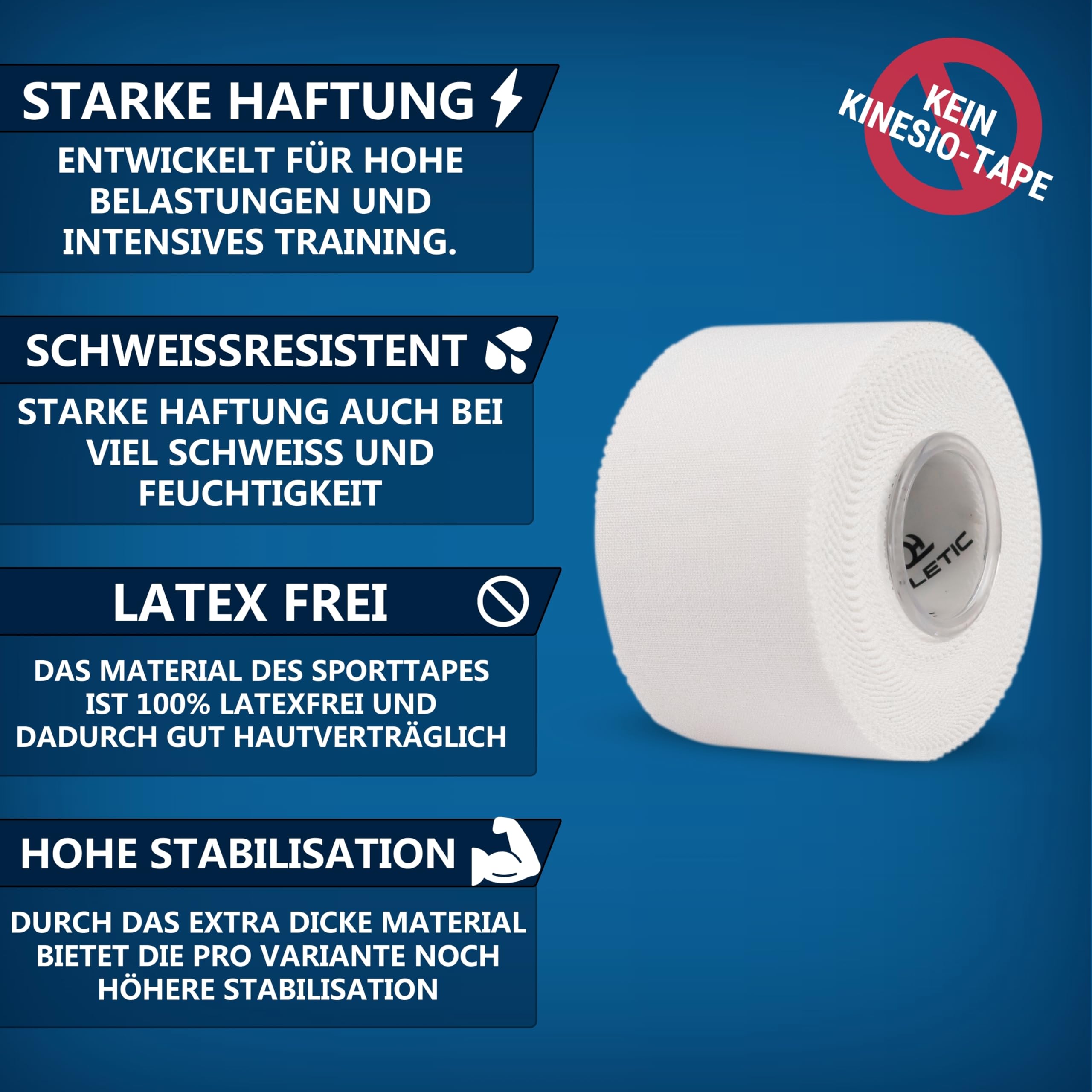 HELETIC Sporttape 3,8cm x 10m - Athlete Pro | unelastisches, starres Tape mit extra starker Haftung, Plastikkern und schweißresistent