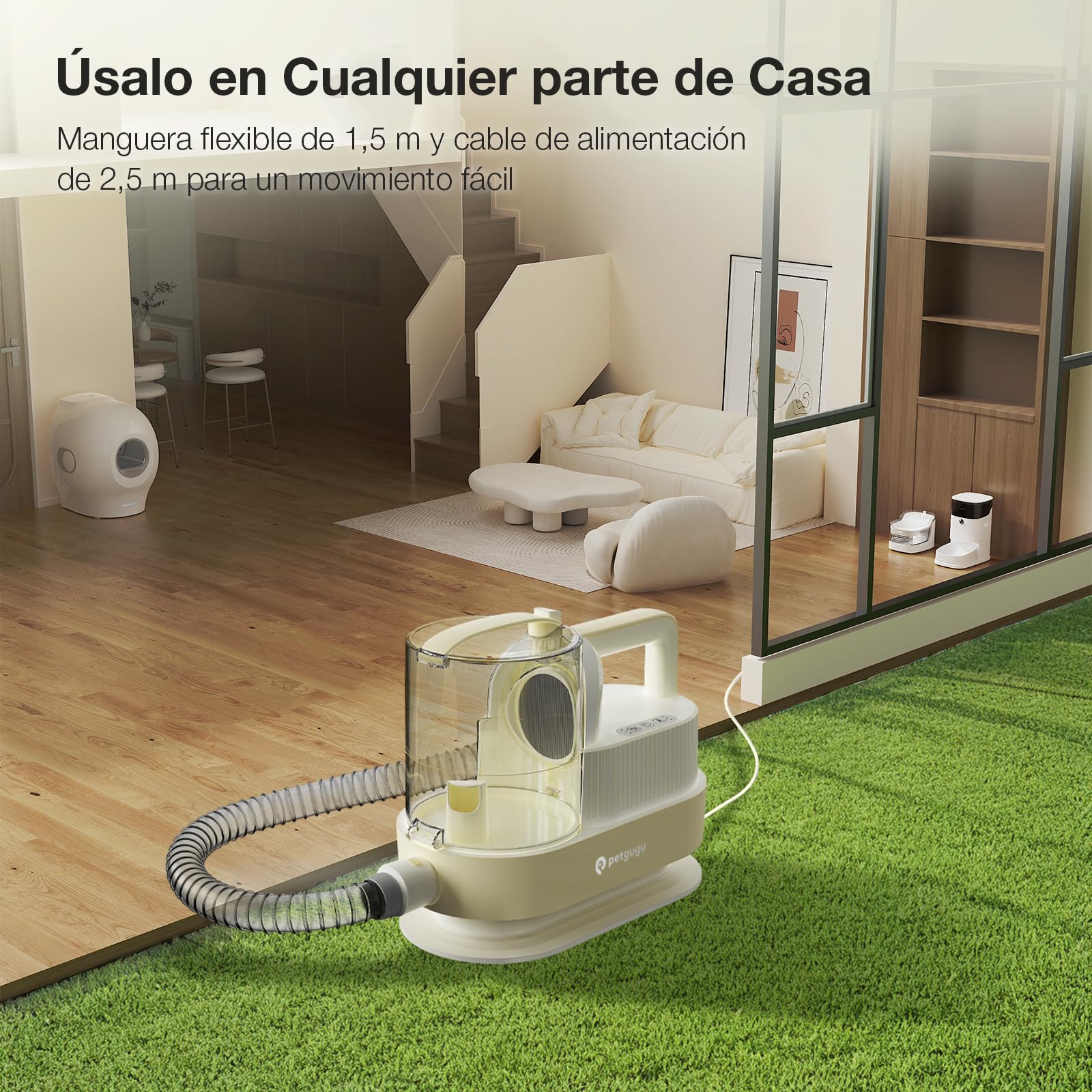 Maquinilla Eléctrica para Perros 7 en 1 con Aspirador de Pelo–Cortapelos Mascotas Silencioso 2,5L,Cepillo Aspirador para Perros y Kit de Higiene Profesional Amarillo