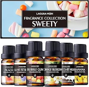 Lagunamoon Sweety of Fragrance Oil for DIY Candle Making,Soap,Bath Bombs,Diffuser,Slime,Home Fragrance,Scented Oils Gift Set-Orange Blossom,Peach,Banana,Bubble Gum,Chocolate Milk, La Vie Est Belle