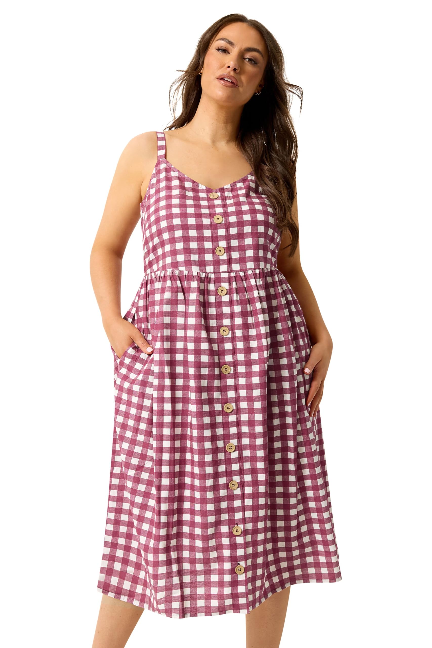 Yours Women's Burgundy Gingham Linen Midi Dress In | Size: 22/24